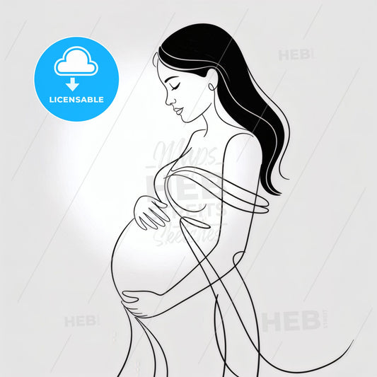 Elegant Line Art of a Pregnant Woman Embracing Her Baby Bump in a Minimalist Style.
