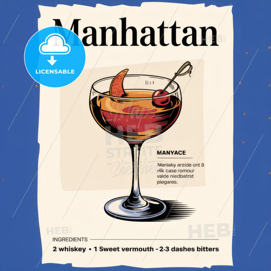 Elegant Manhattan Cocktail Illustration: Timeless Recipe Art Print for Home Bar