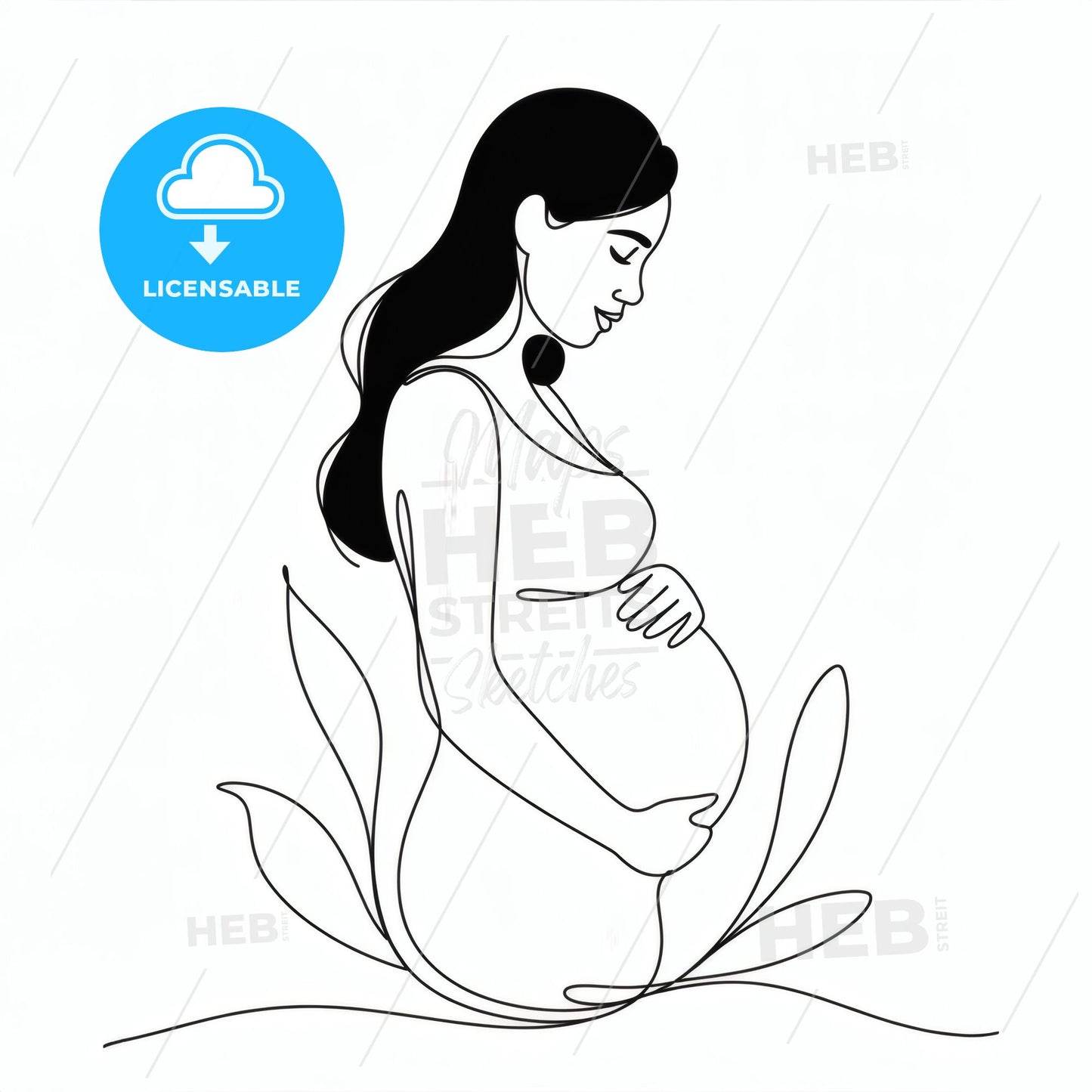 Elegant Minimalist Line Art of a Pregnant Woman Embracing Motherhood and Nature's Embrace.