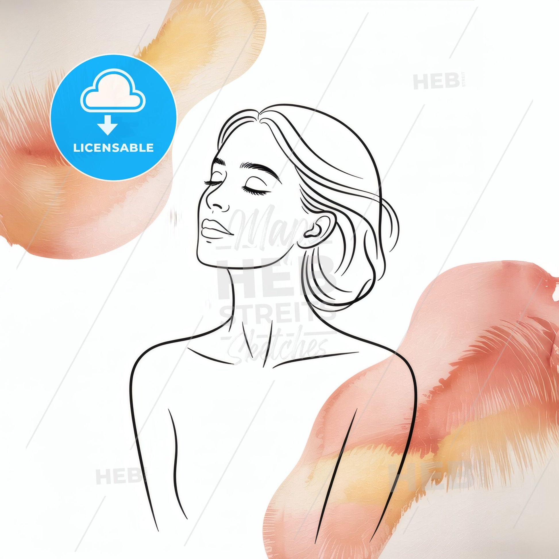 Elegant Minimalist Portrait of a Serene Woman with Soft Floral Watercolor Accents.