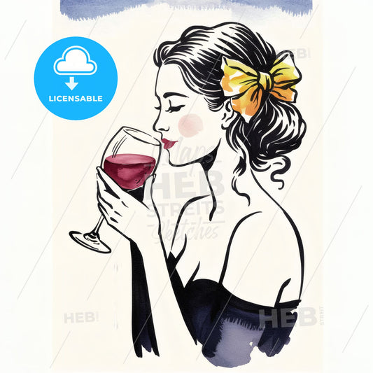 Elegant Minimals: Woman Sipping Red Wine – Bold Ink & Watercolor Artwork