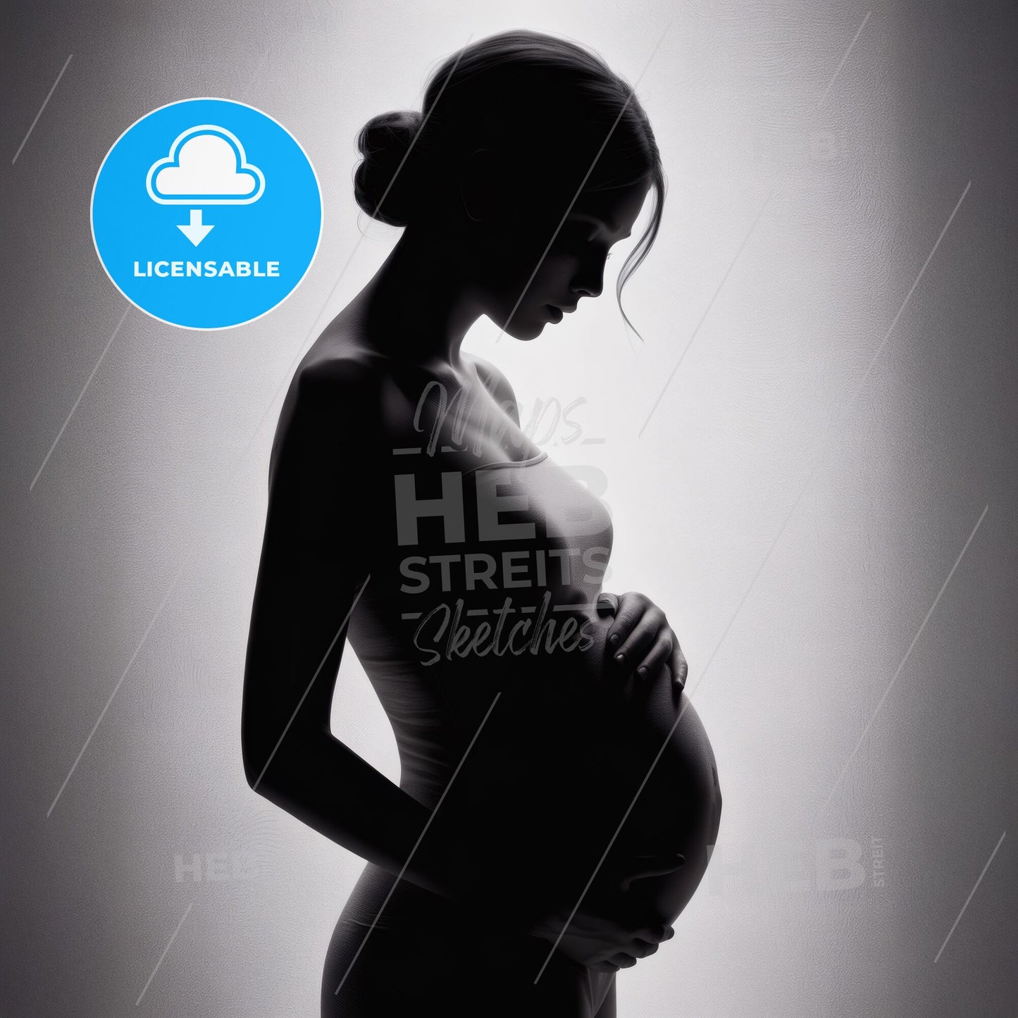 Elegant Silhouette of Pregnant Woman Embracing Baby Bump Against Soft, Ethereal Background