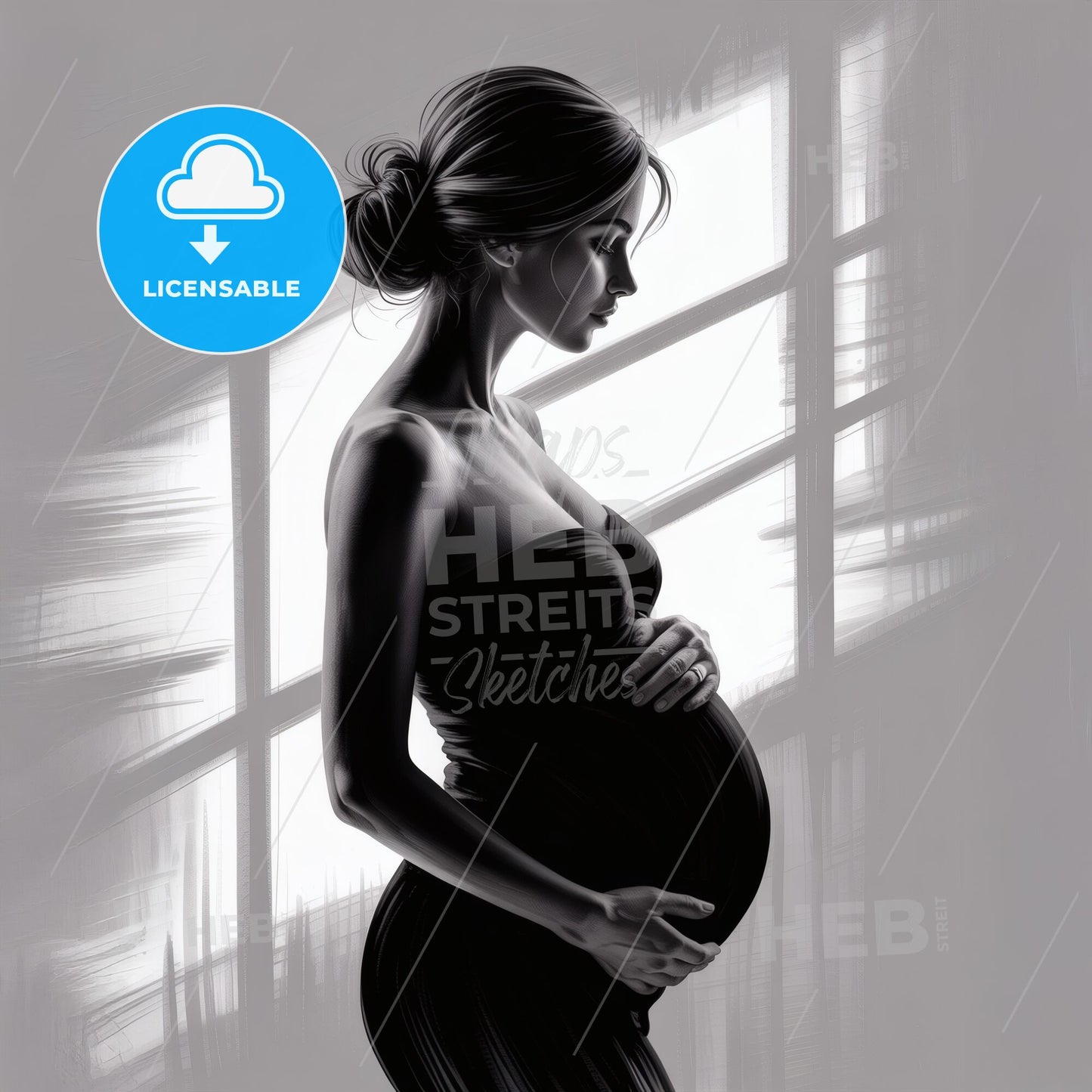Elegant silhouette of a pregnant woman in profile, softly lit by natural window light, showcasing maternal beauty.