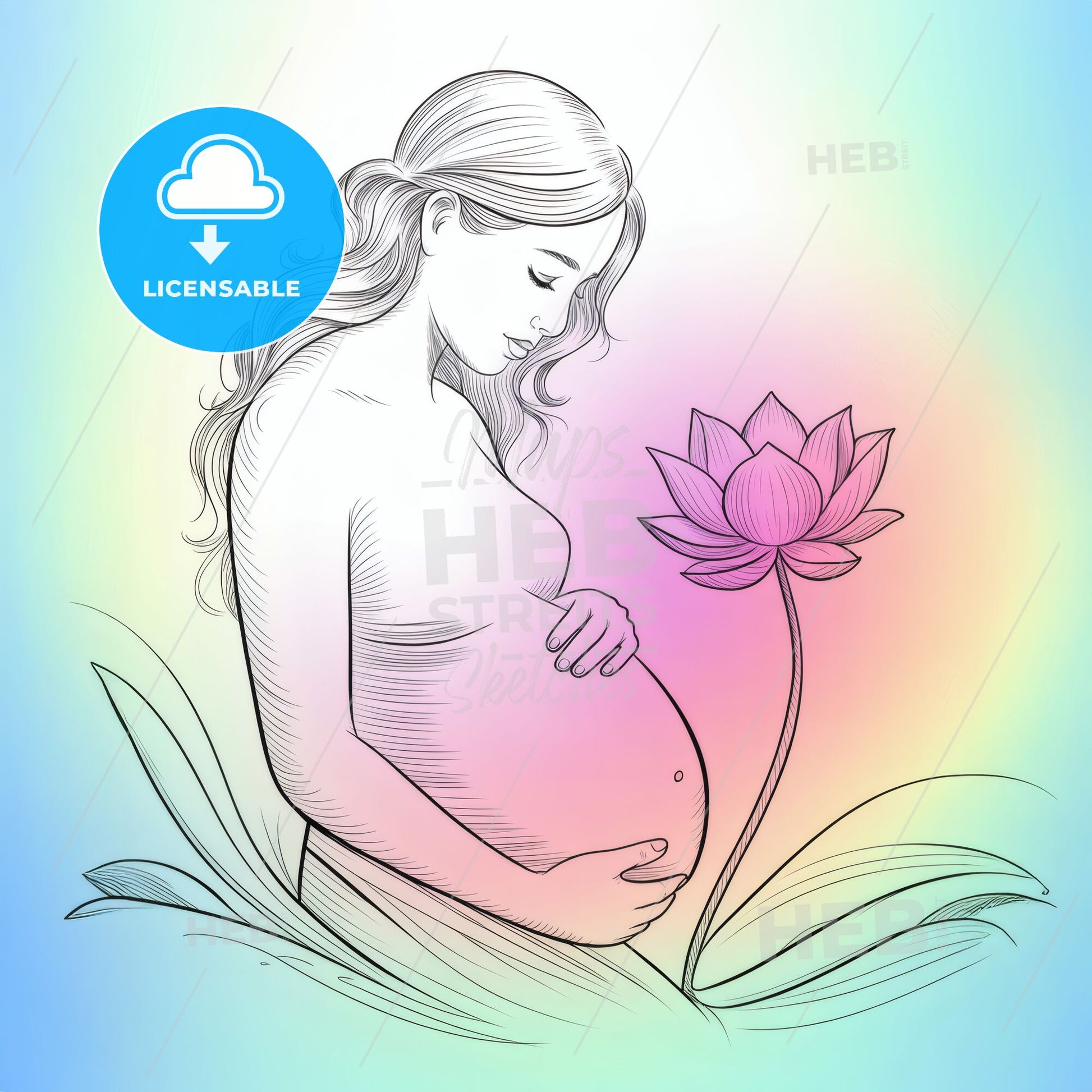 Elegant Pregnant Woman Embracing Motherhood with a Lotus Flower on a Soft Rainbow Background