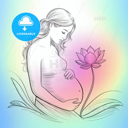 Elegant Pregnant Woman Embracing Motherhood with a Lotus Flower on a Soft Rainbow Background