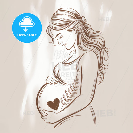 Elegant Line Art of a Pregnant Woman Cradling Her Baby Bump with Heart Symbol and Leaf Motif.