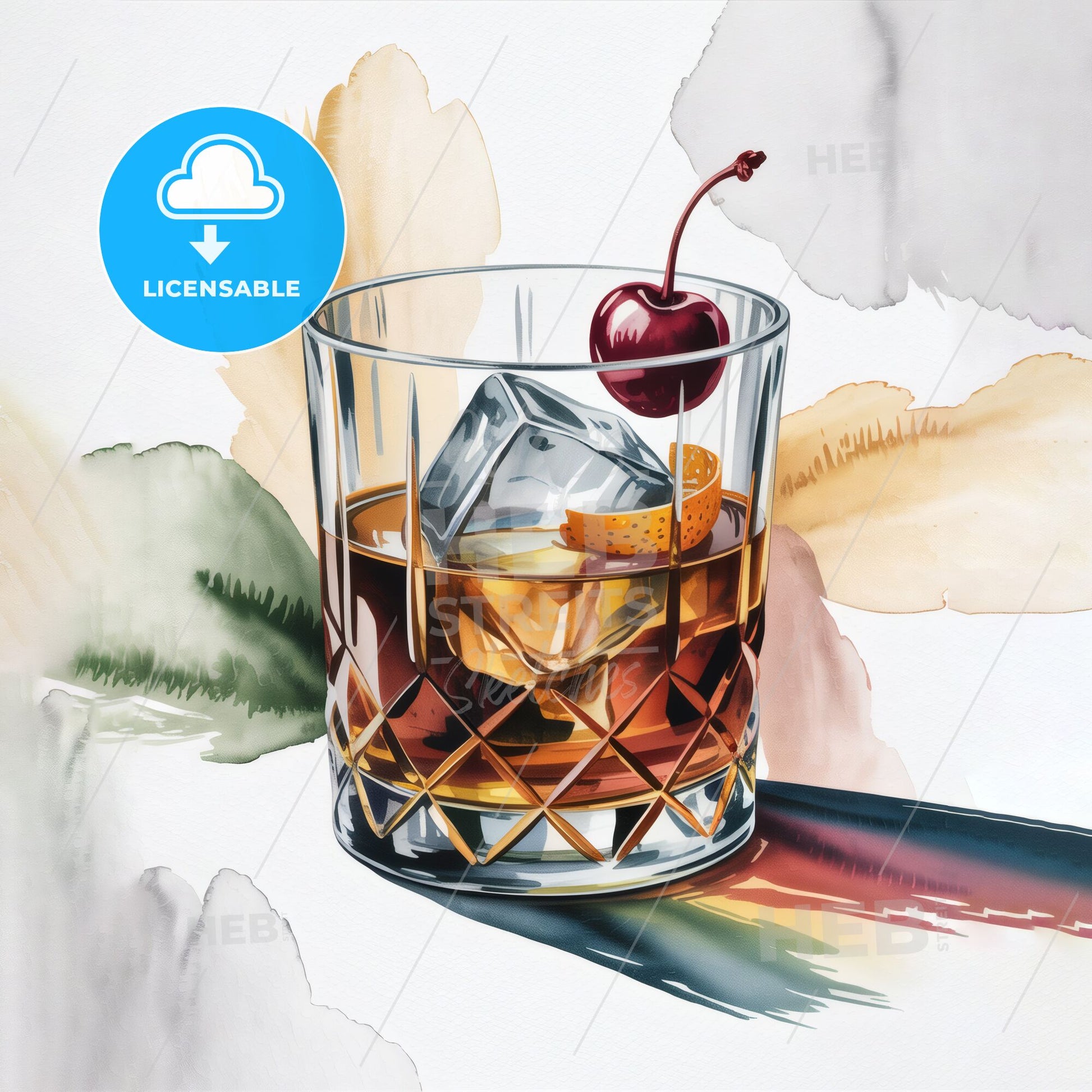 Elegant Glass of Whiskey with Cherry and Citrus Garnish on Artistic Background