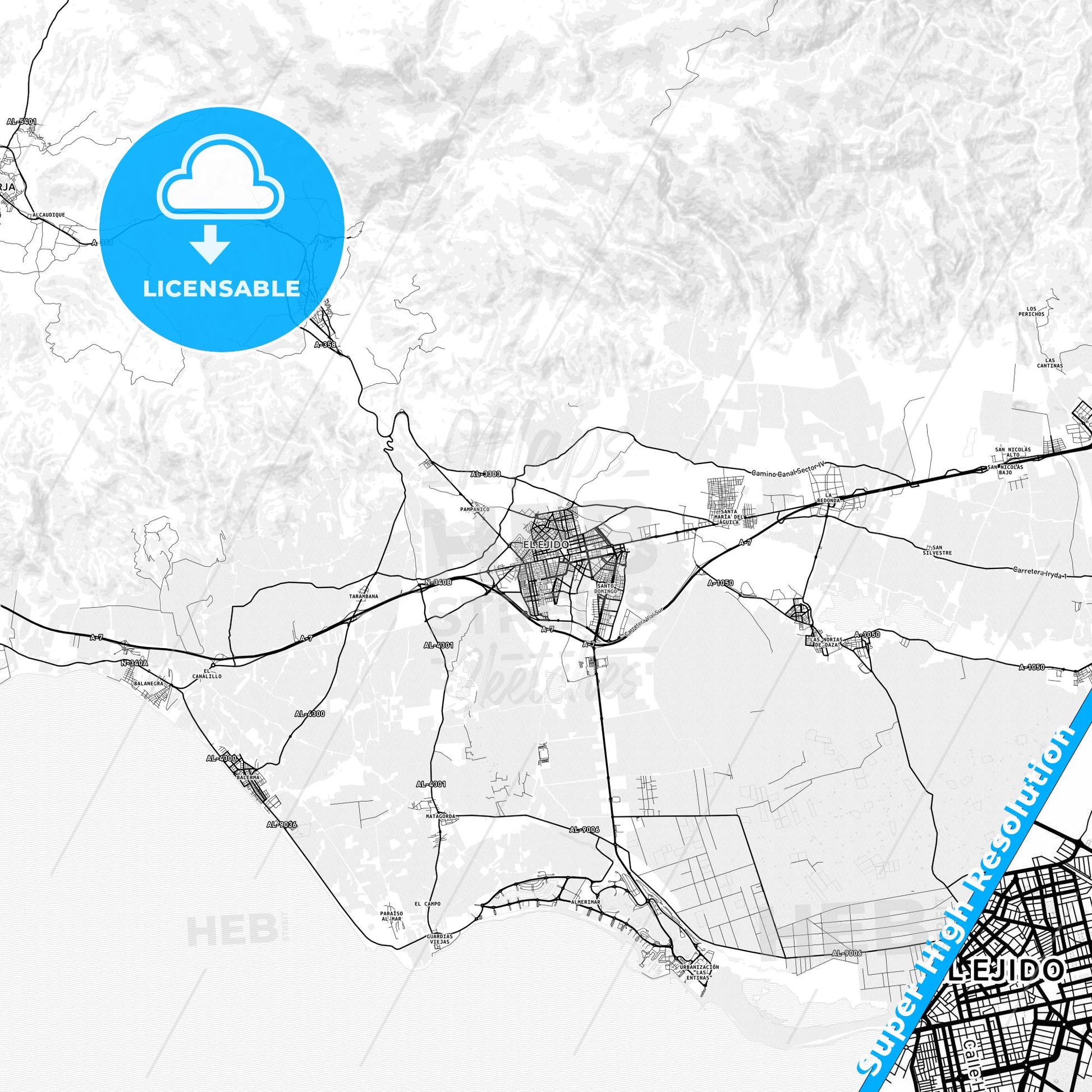 El Ejido, Spain light map with streetnames, citynames and districts