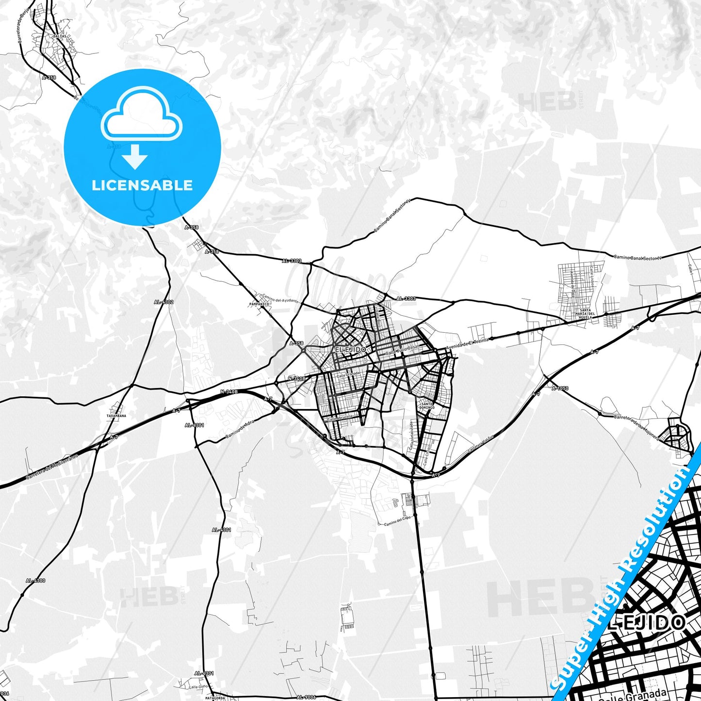 El Ejido, Spain Light Map with Street Names, City Names, and Districts