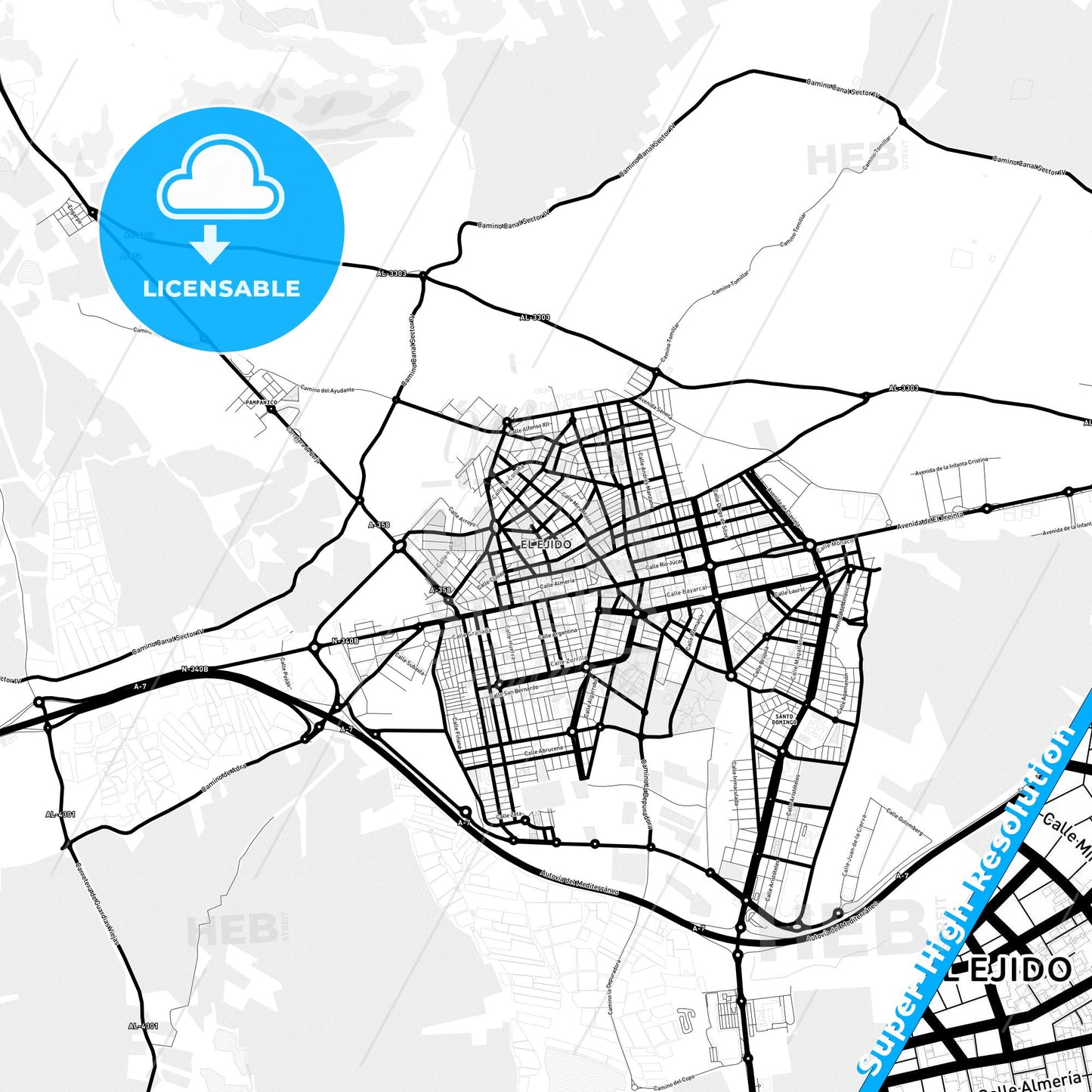 El Ejido, Spain Light Map with Street Names, City Names, and Districts