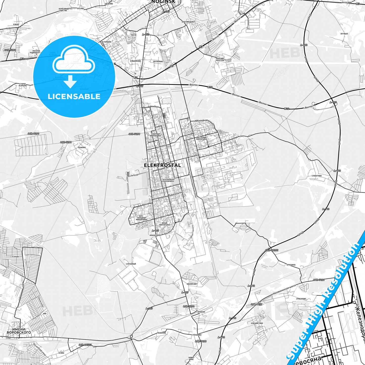 Elektrostal, Russia light map with streetnames, citynames and districts