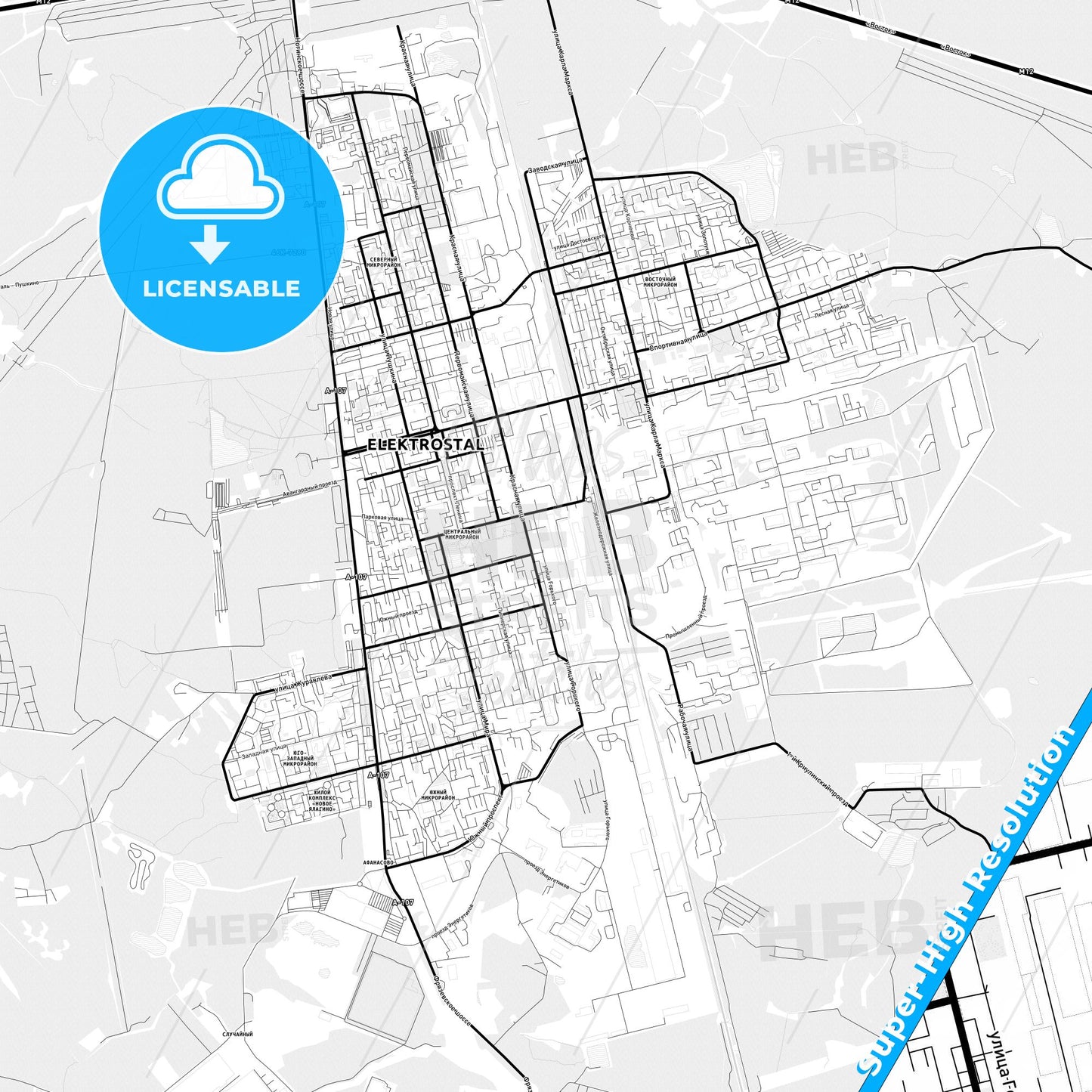 Elektrostal, Russia Light Map with Street Names, City Names, and Districts