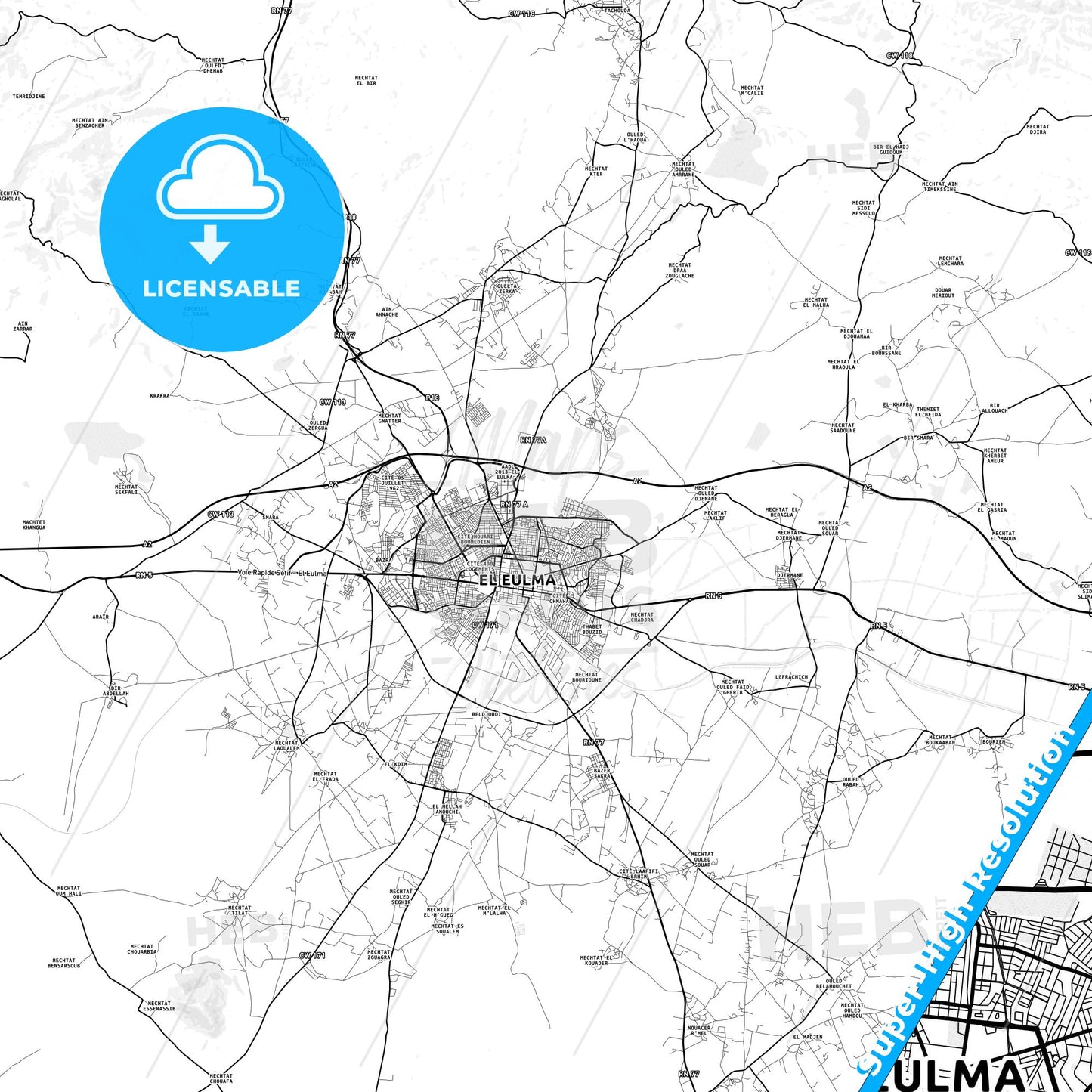 El Eulma, Algeria light map with streetnames, citynames and districts