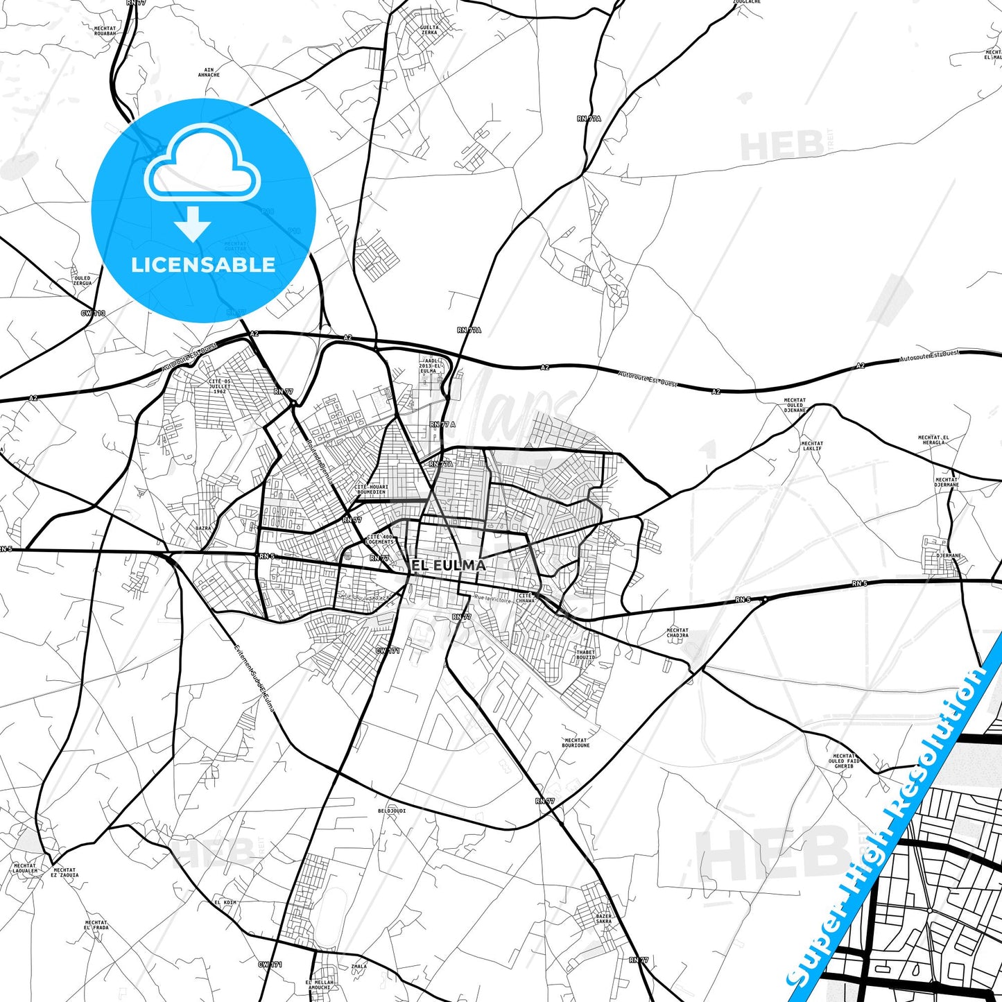 El Eulma, Algeria Light Map with Street Names, City Names, and Districts