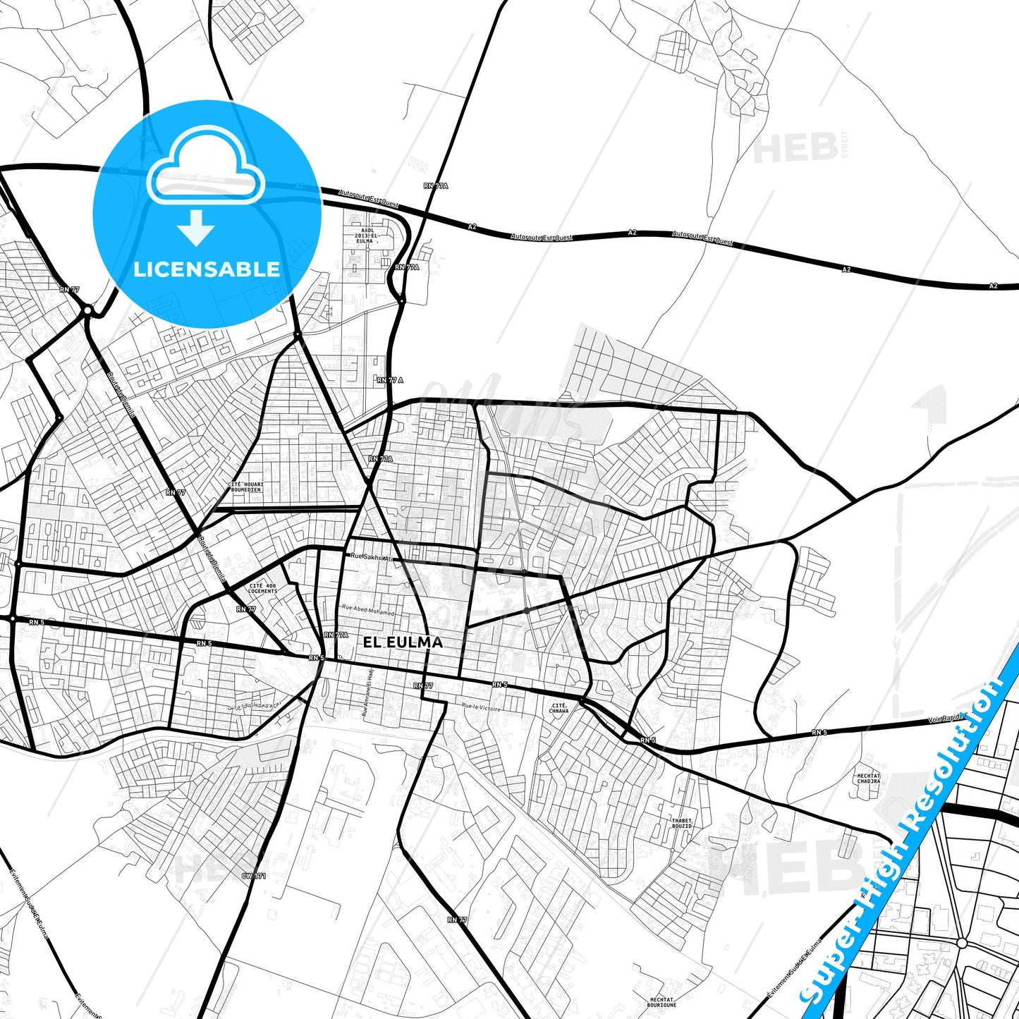 El Eulma, Algeria Light Map with Street Names, City Names, and Districts