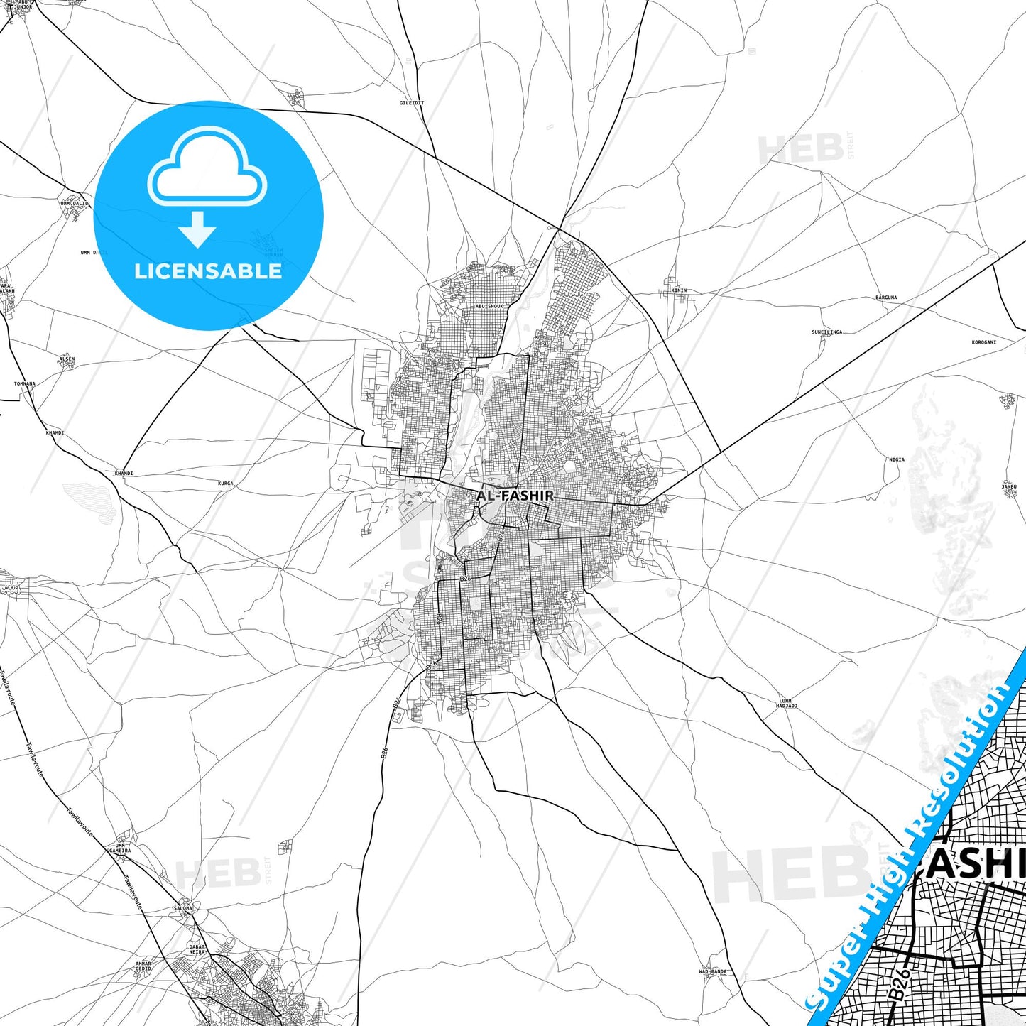 El Fasher, Sudan light map with streetnames, citynames and districts