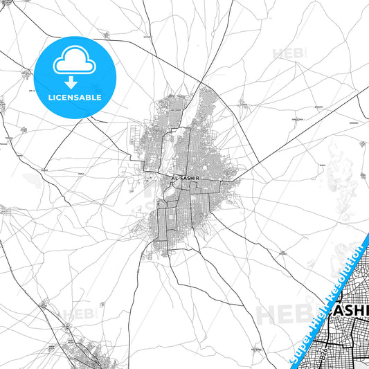 El Fasher, Sudan light map with streetnames, citynames and districts