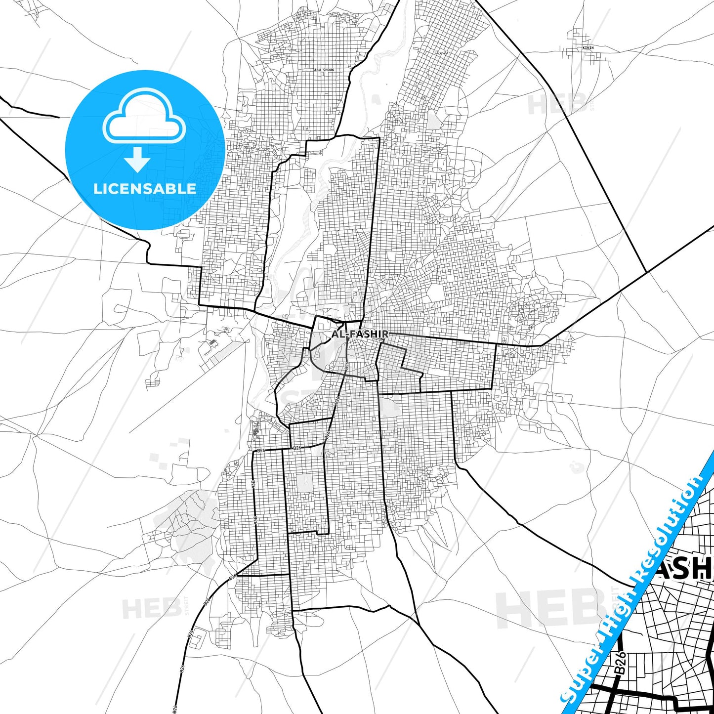 El Fasher, Sudan Light Map with Street Names, City Names, and Districts