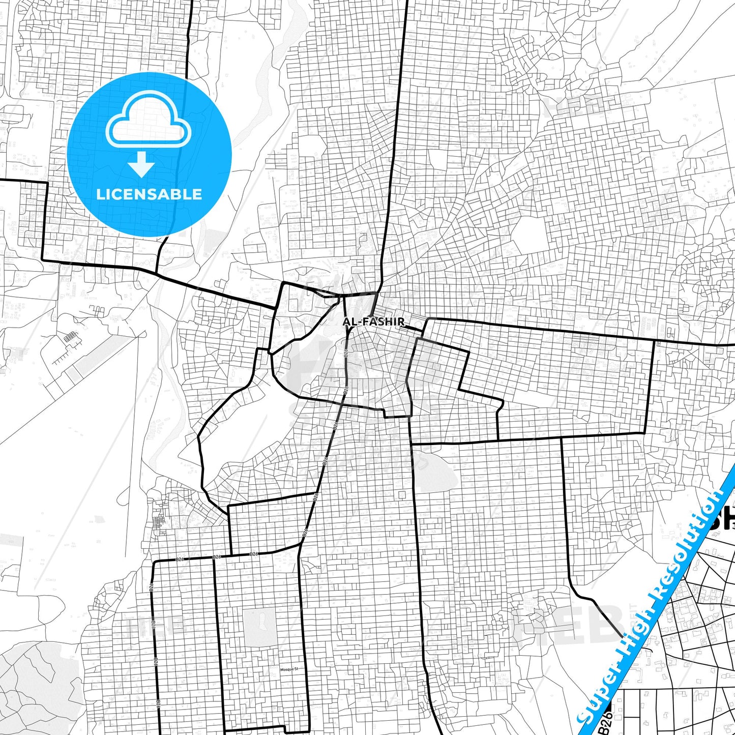El Fasher, Sudan Light Map with Street Names, City Names, and Districts