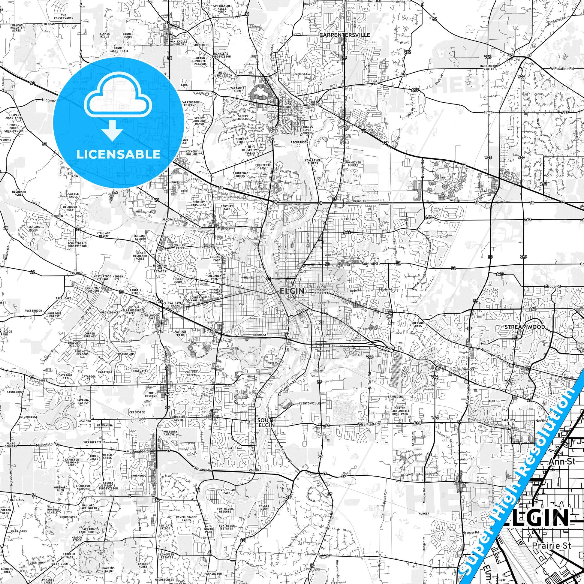 Elgin, Illinois light map with streetnames, citynames and districts