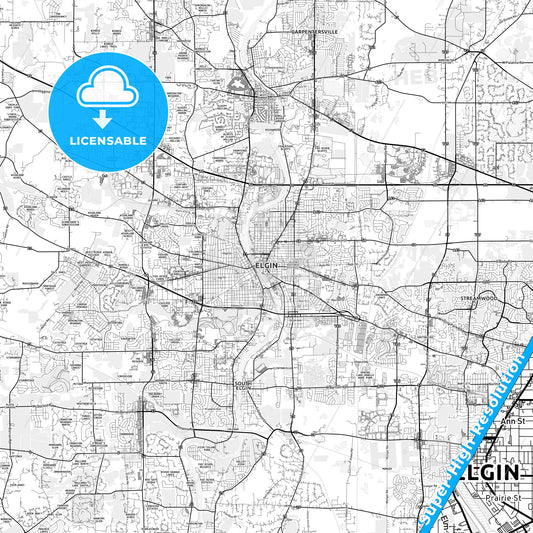 Elgin, Illinois light map with streetnames, citynames and districts