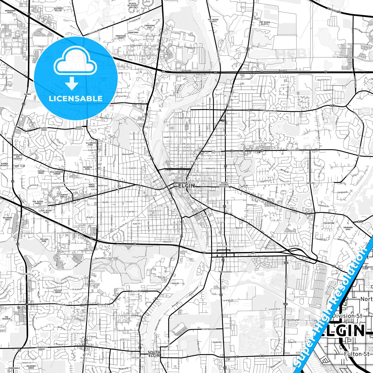 Elgin, Illinois Light Map with Street Names, City Names, and Districts