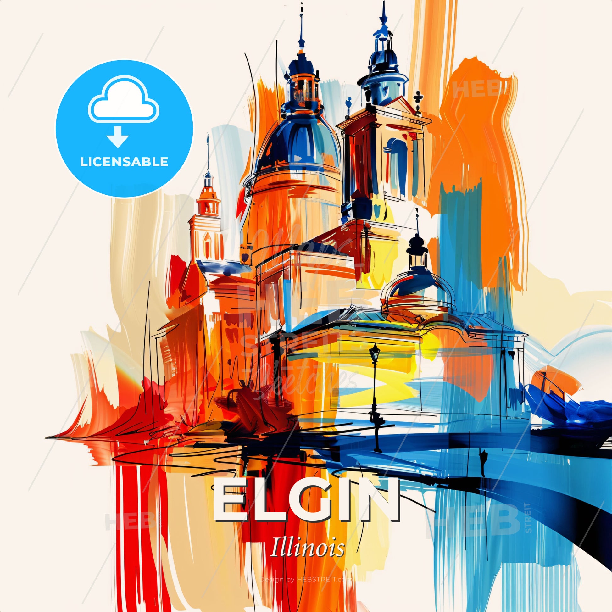 Vibrant Elgin, Illinois - A Painting Of A Building With A Colorful Background - Square format print template