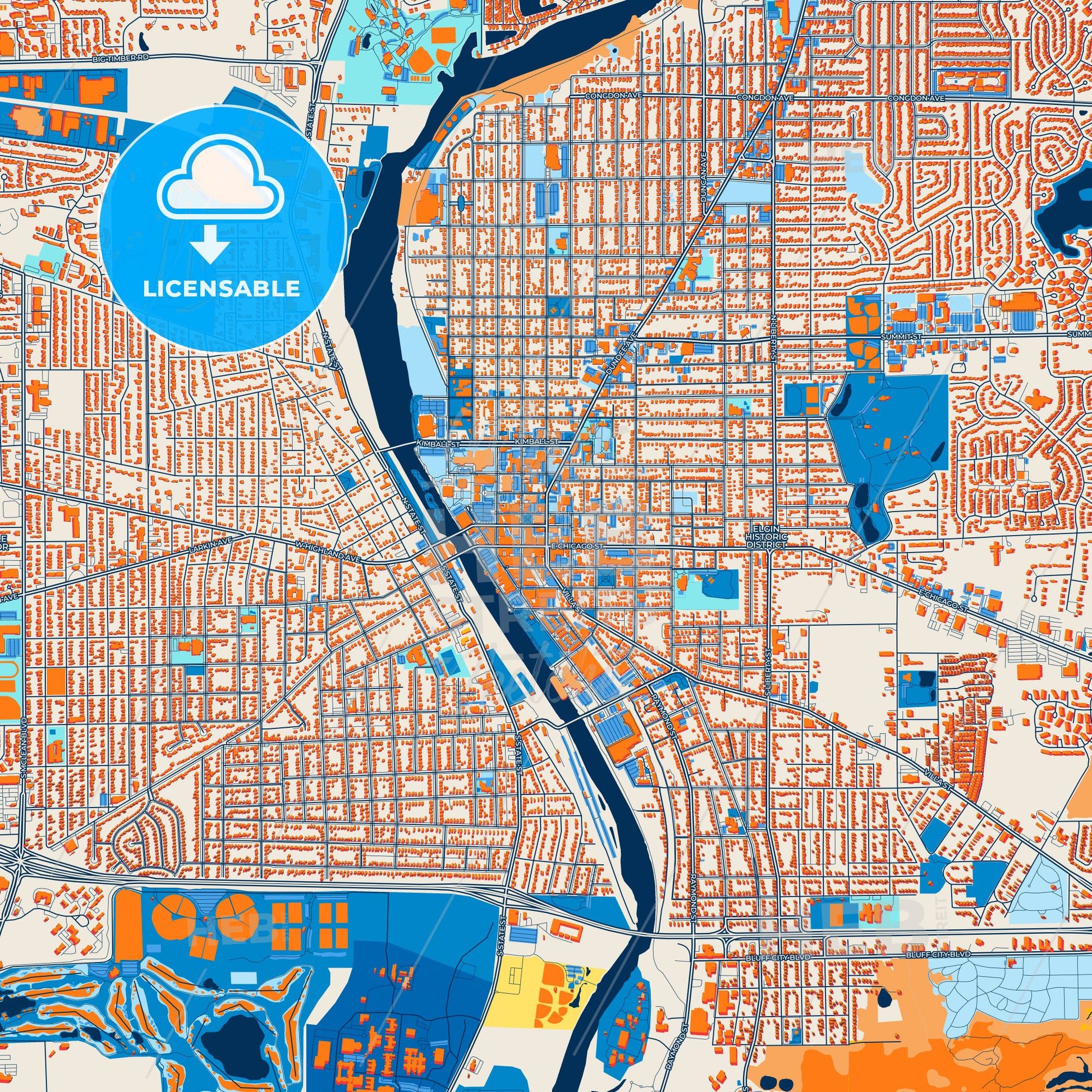 Colorful Elgin Street Map with Labels and Buildings