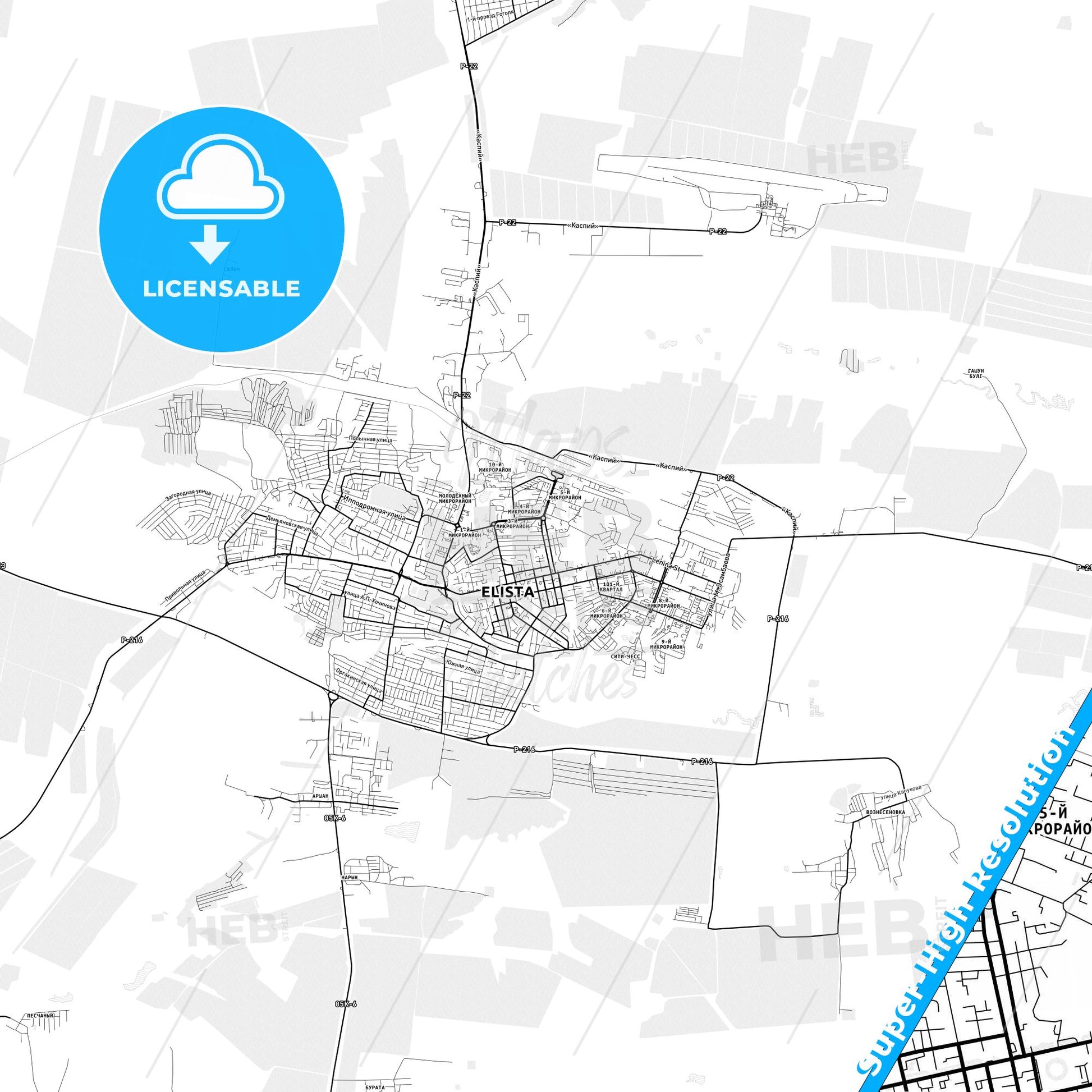 Elista, Russia light map with streetnames, citynames and districts