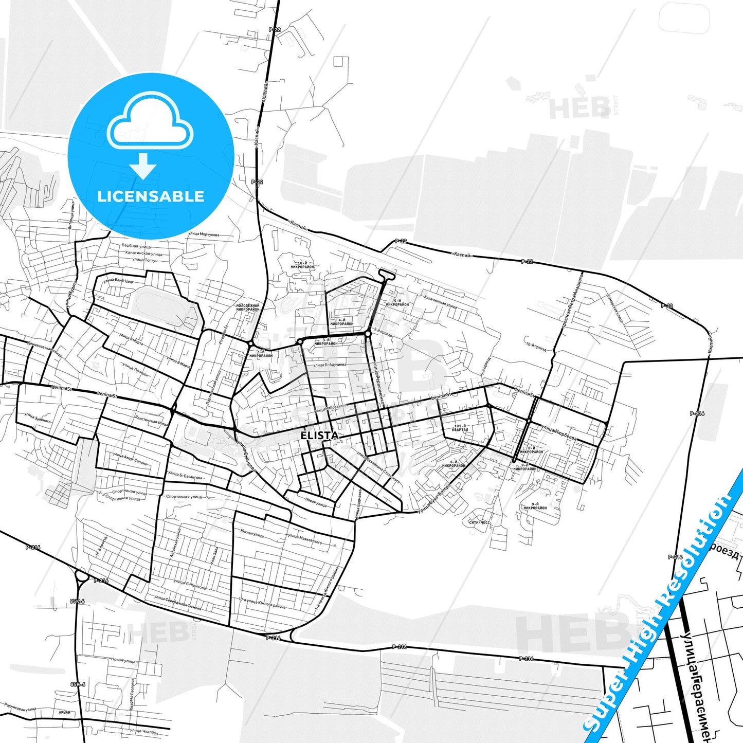Elista, Russia Light Map with Street Names, City Names, and Districts