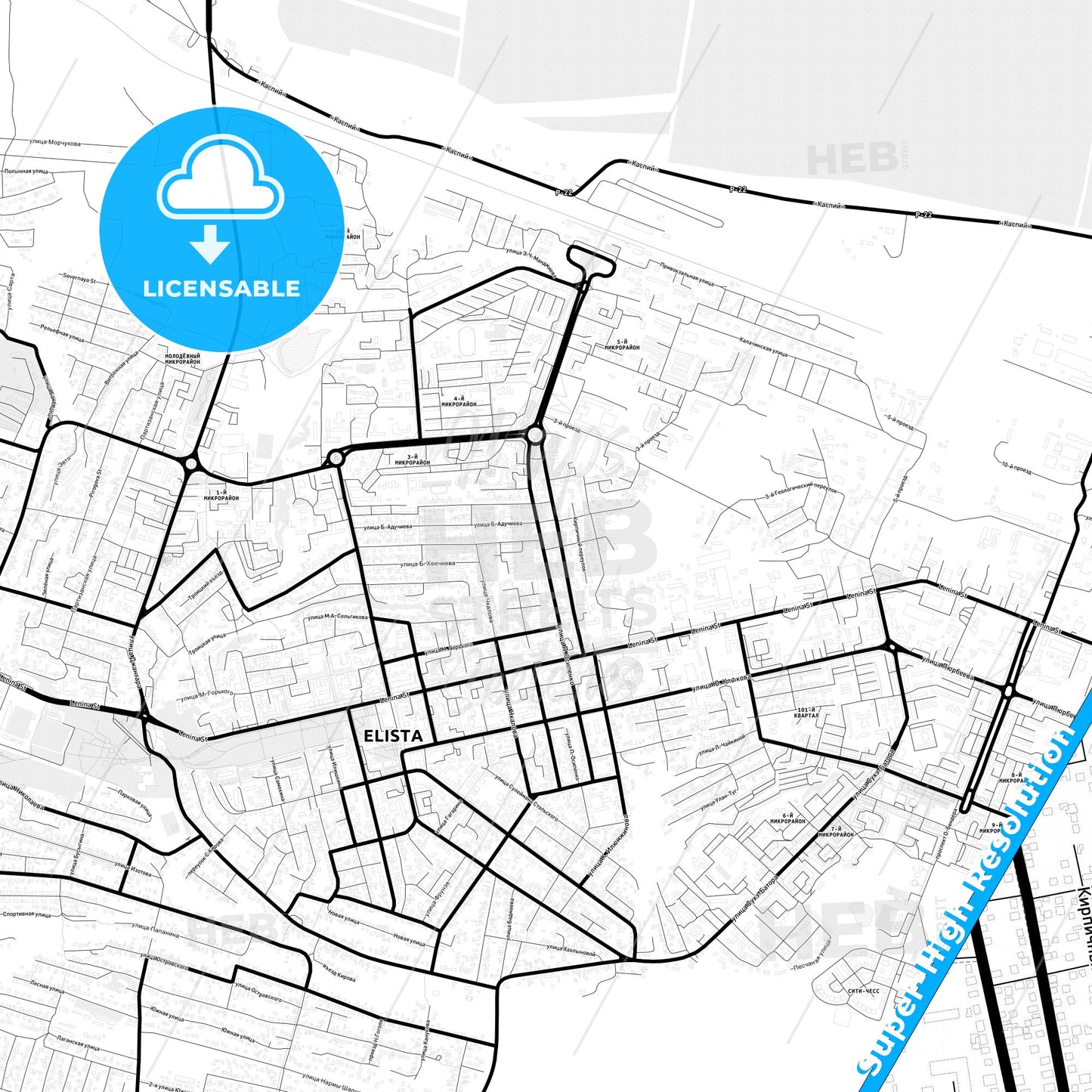 Elista, Russia Light Map with Street Names, City Names, and Districts