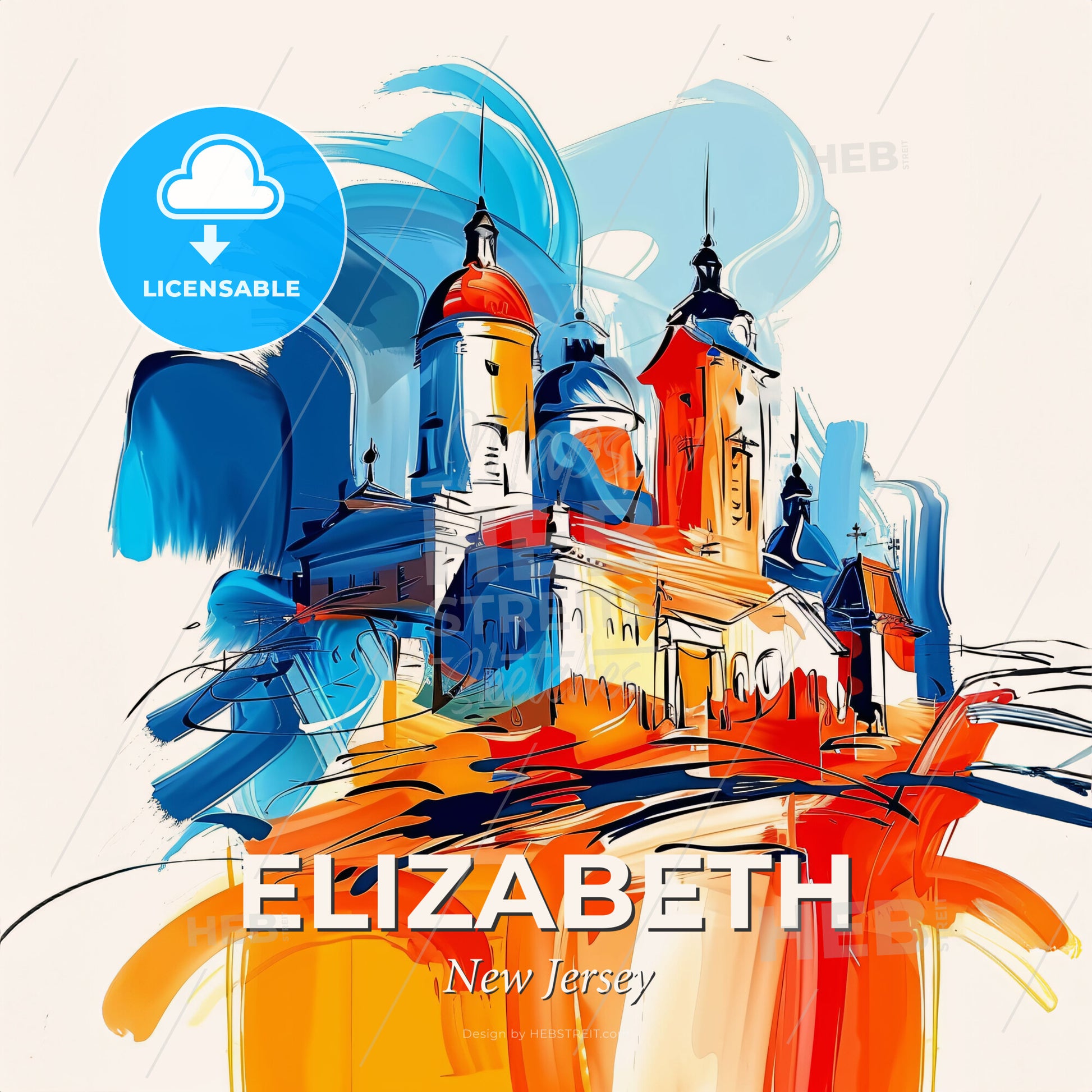 Vibrant Elizabeth, New Jersey - A Painting Of A Building With A Red And Blue Roof - Square format print template