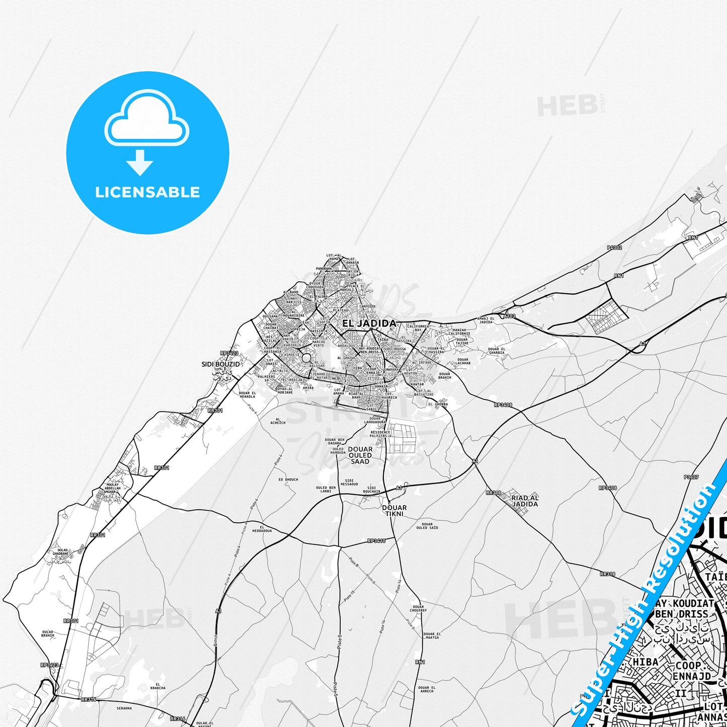 El Jadid, Morocco light map with streetnames, citynames and districts