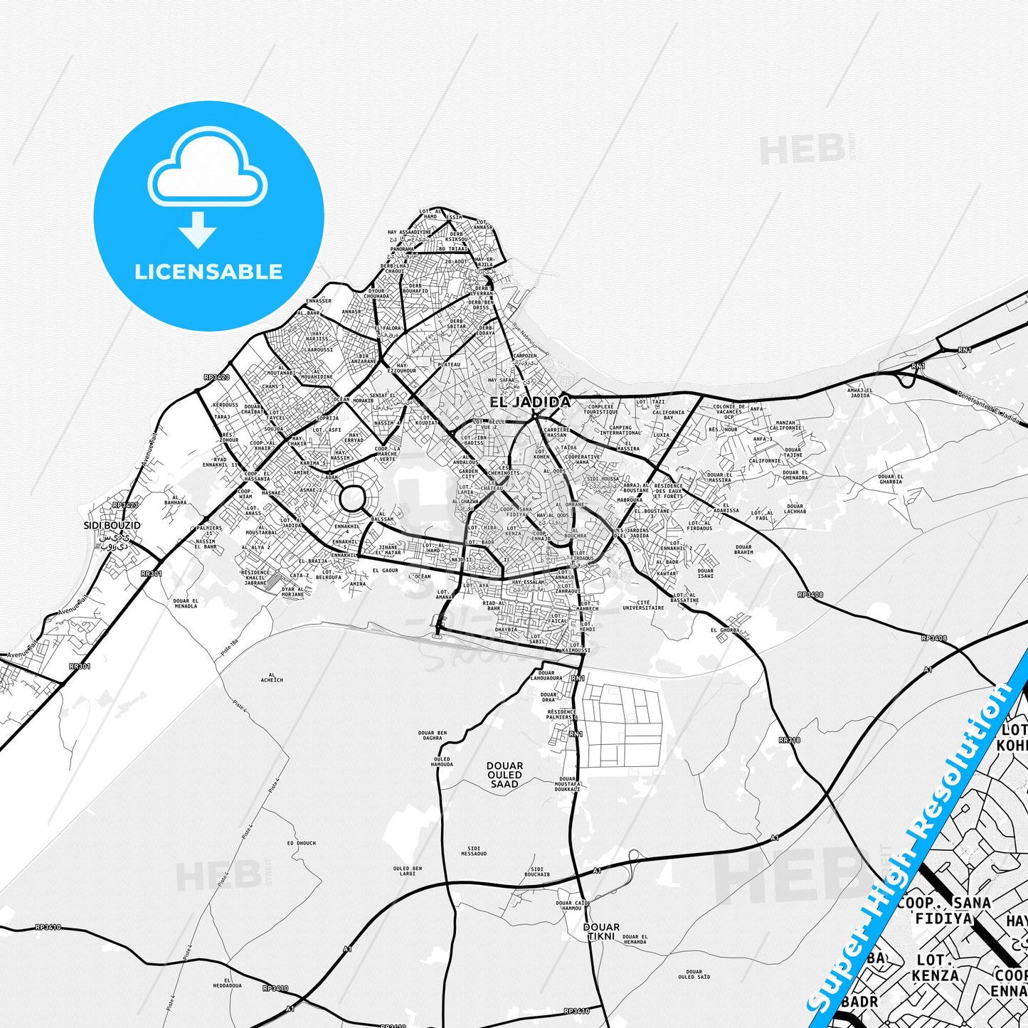 El Jadid, Morocco Light Map with Street Names, City Names, and Districts