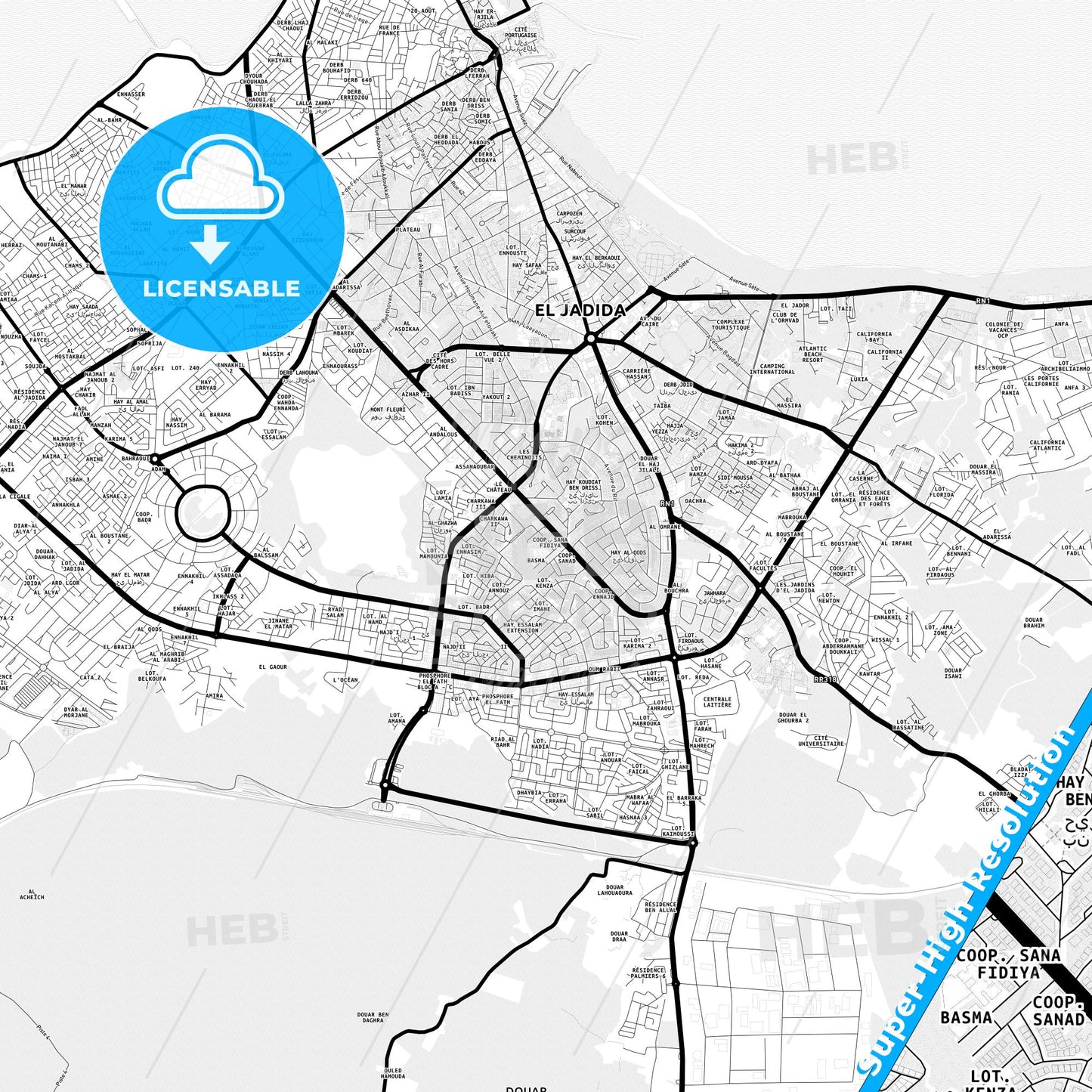 El Jadid, Morocco Light Map with Street Names, City Names, and Districts