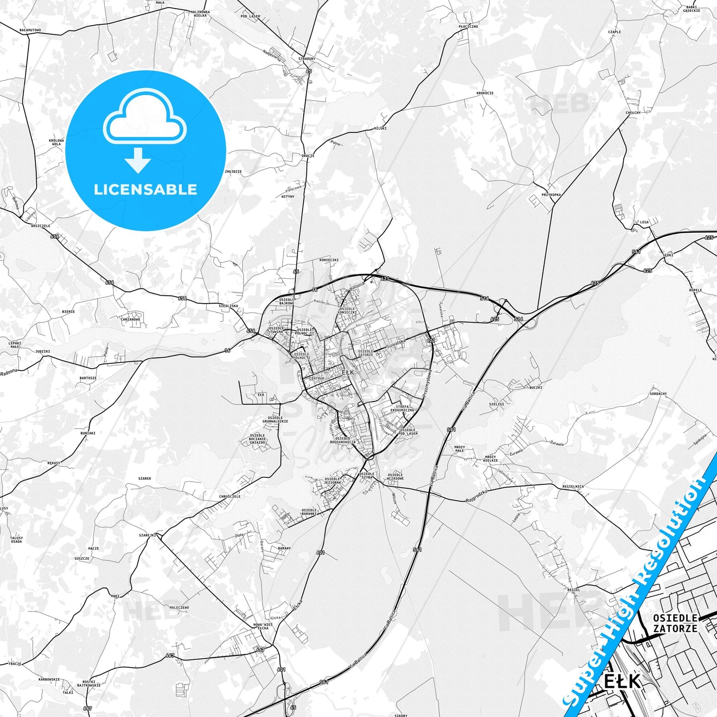Ełk, Poland light map with streetnames, citynames and districts