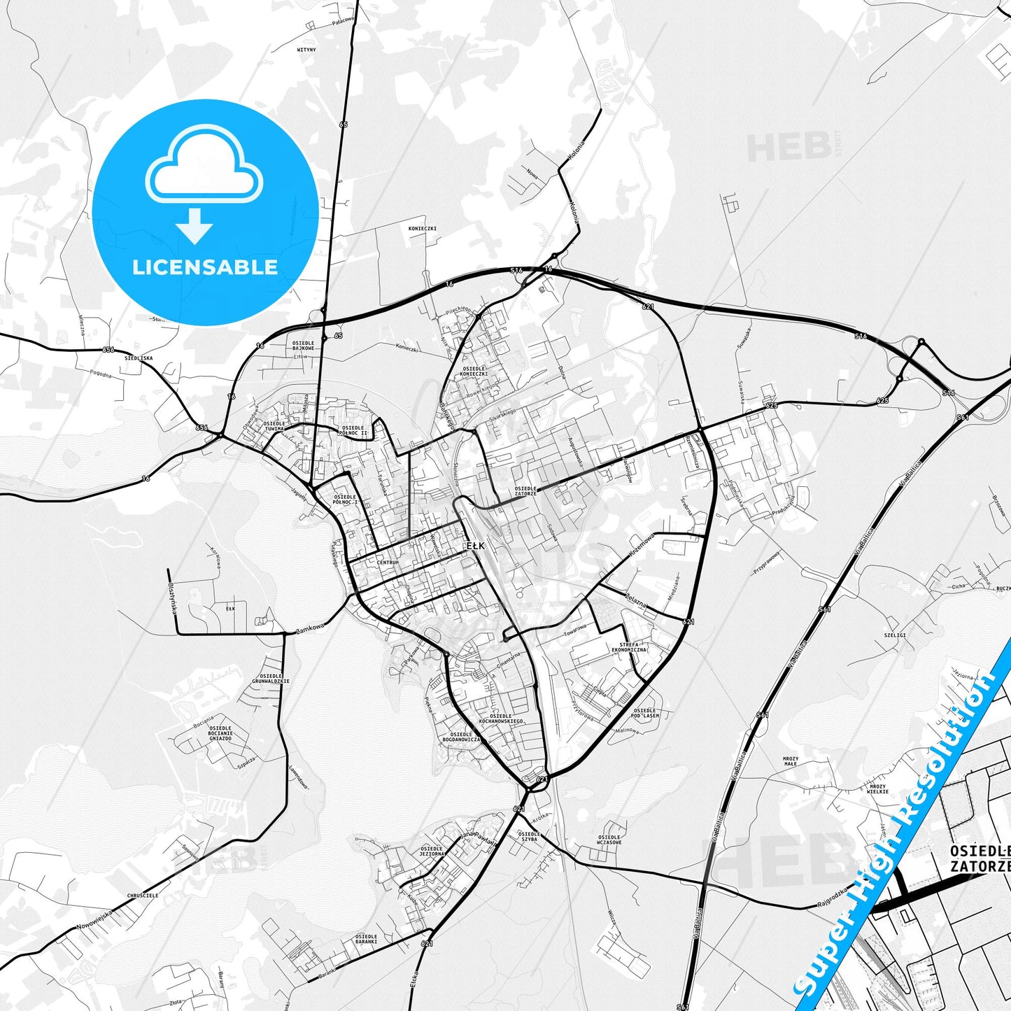 Ełk, Poland Light Map with Street Names, City Names, and Districts
