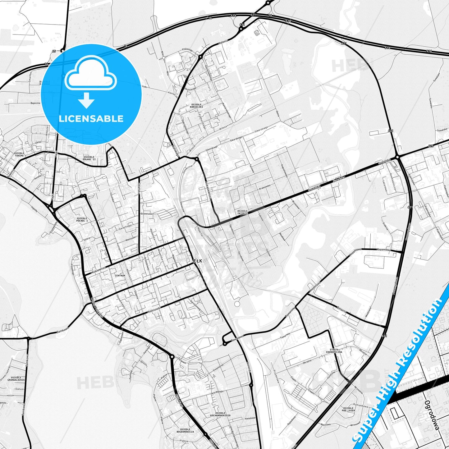 Ełk, Poland Light Map with Street Names, City Names, and Districts