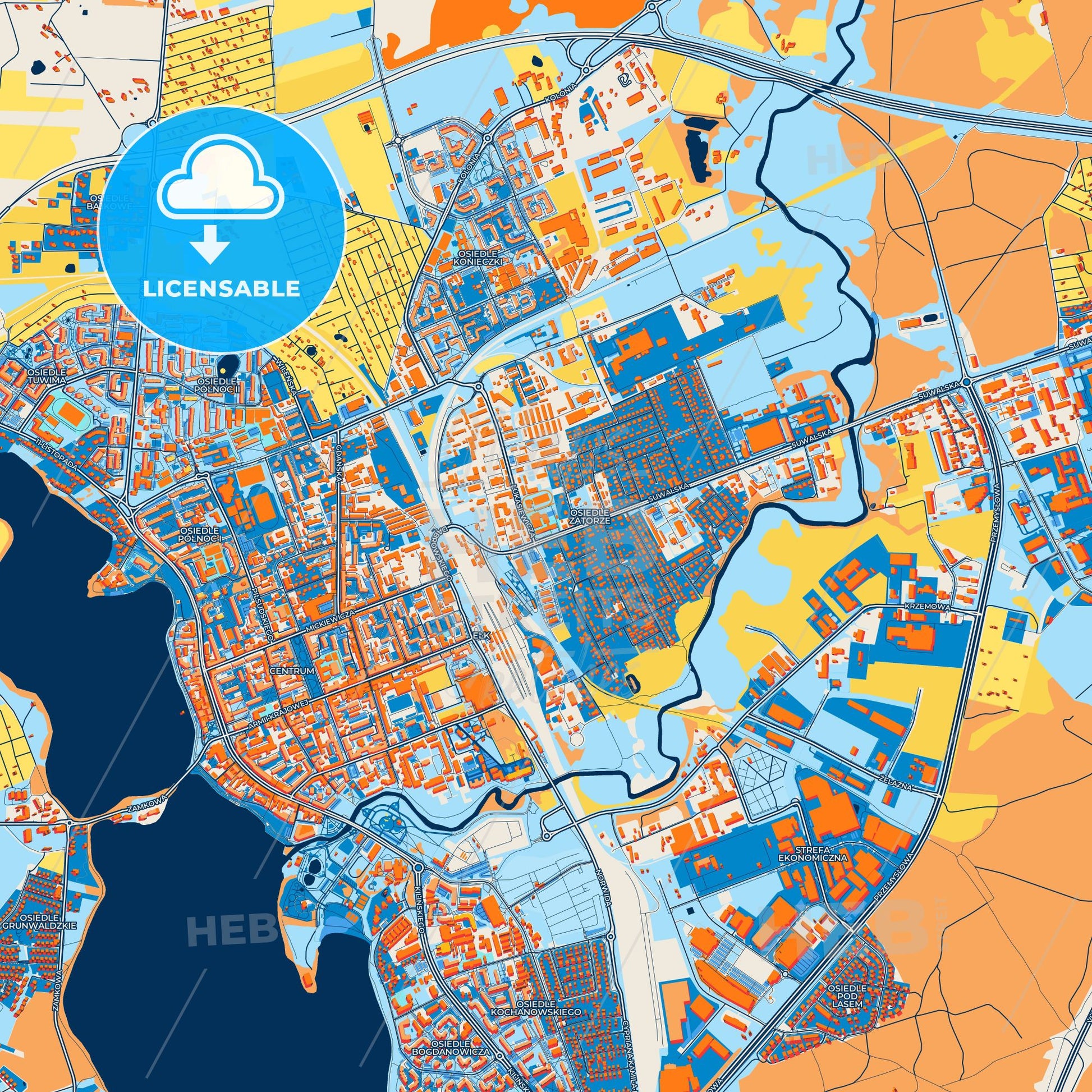Colorful Ełk Street Map with Labels and Buildings