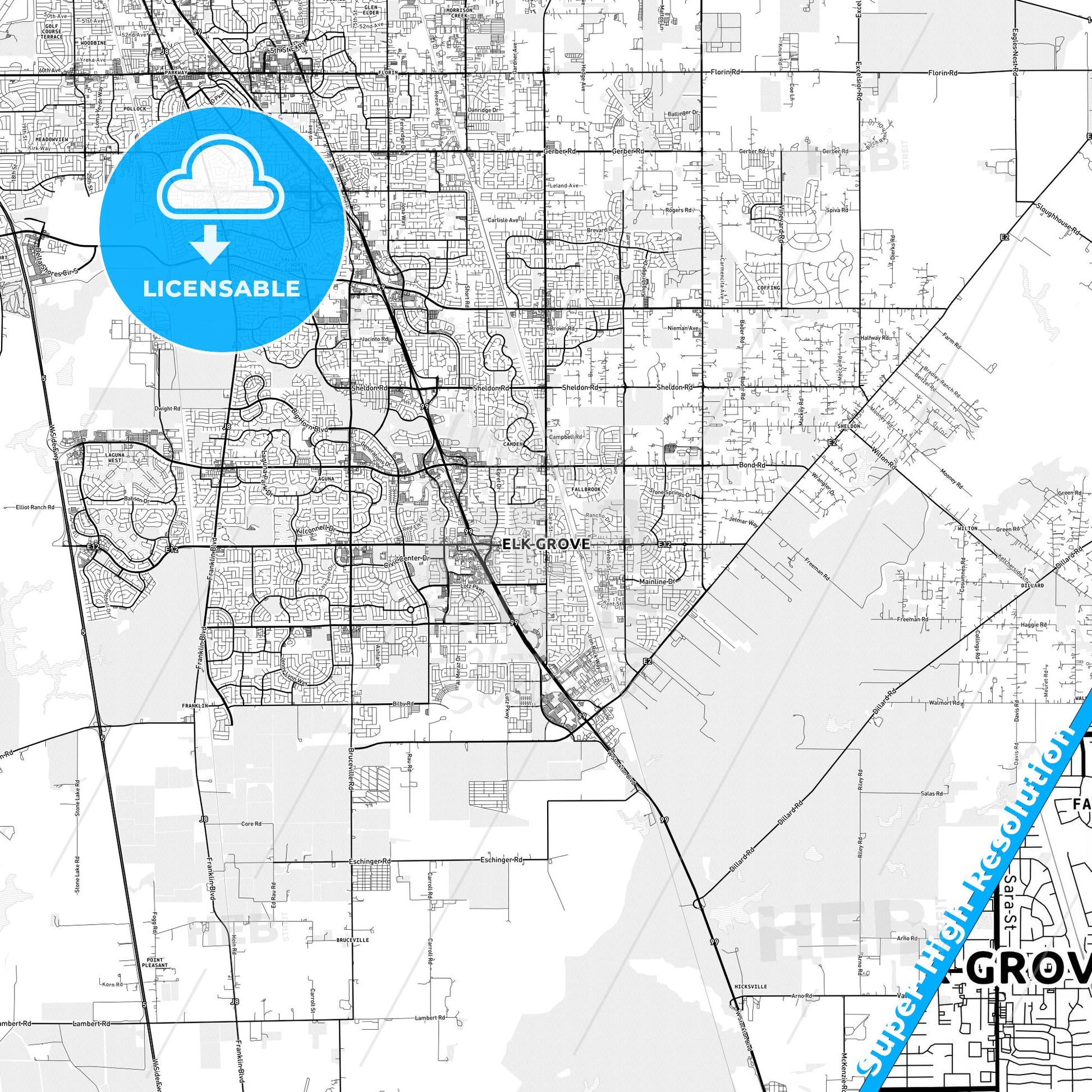 Elk Grove, California light map with streetnames, citynames and districts