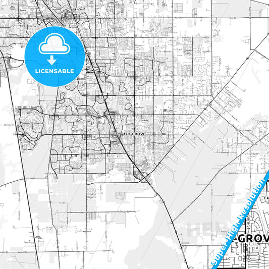 Elk Grove, California light map with streetnames, citynames and districts