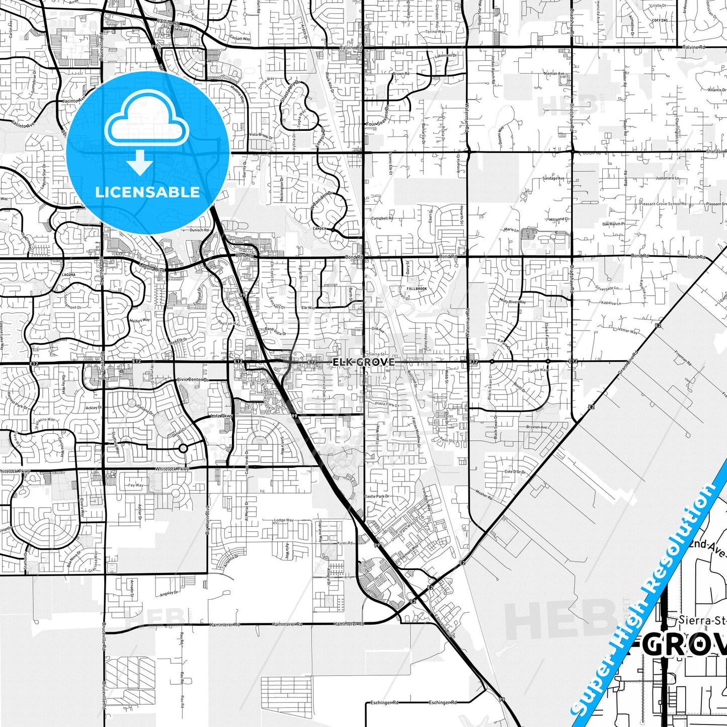 Elk Grove, California Light Map with Street Names, City Names, and Districts