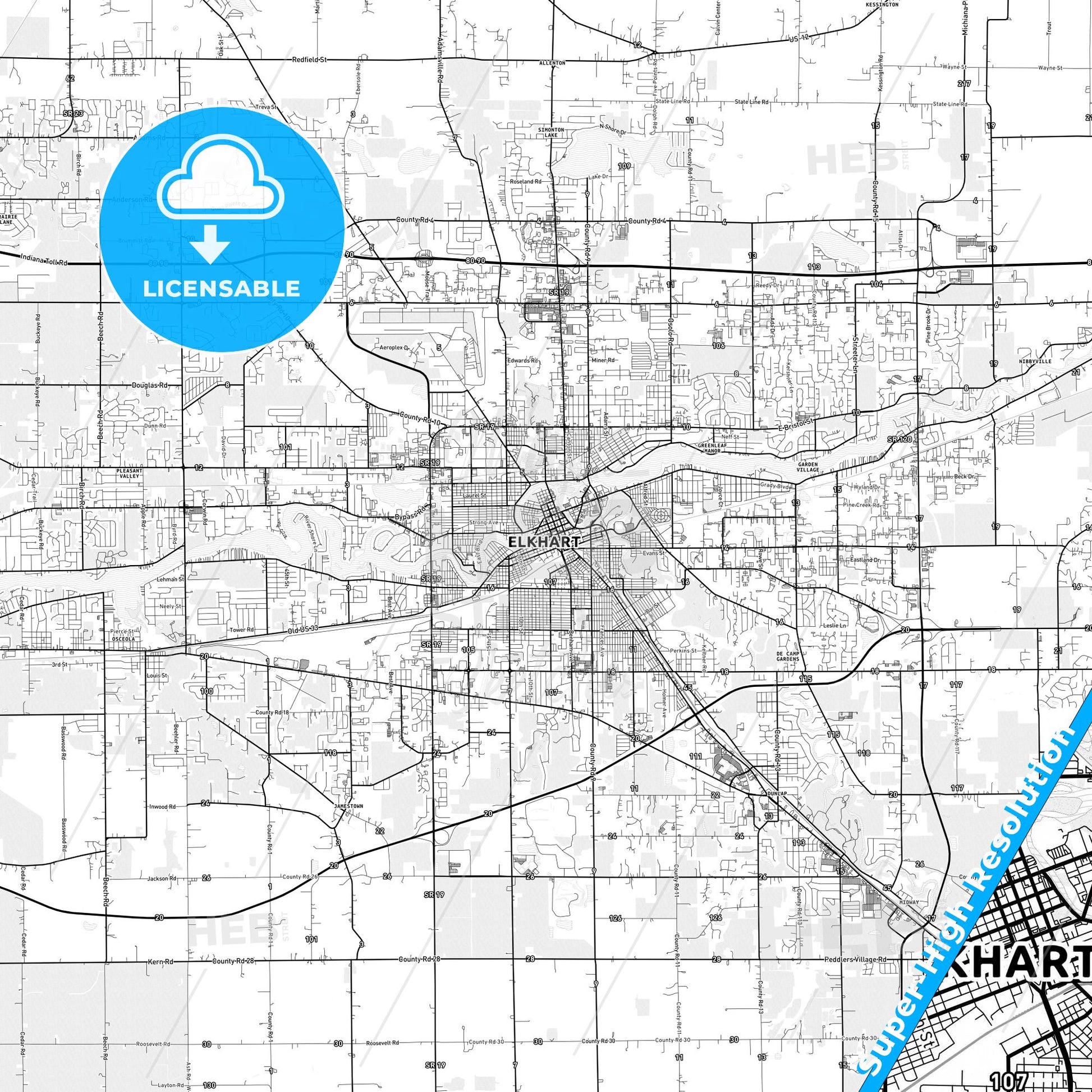 Elkhart, Indiana light map with streetnames, citynames and districts