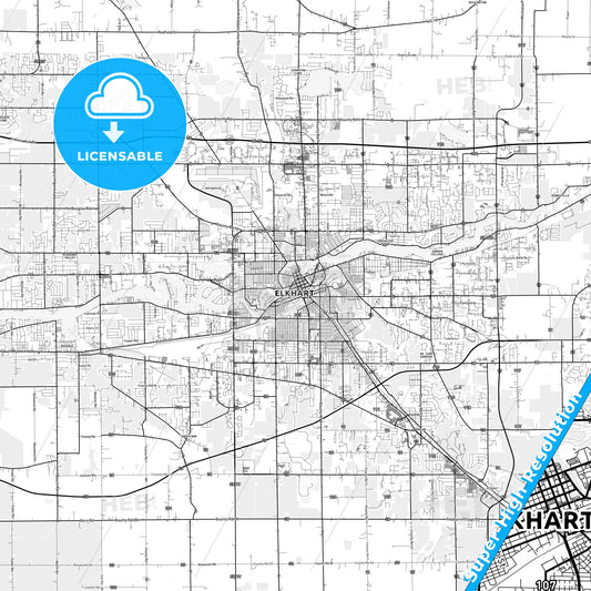 Elkhart, Indiana light map with streetnames, citynames and districts