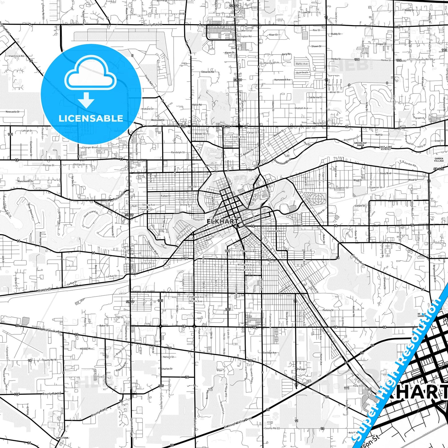 Elkhart, Indiana Light Map with Street Names, City Names, and Districts