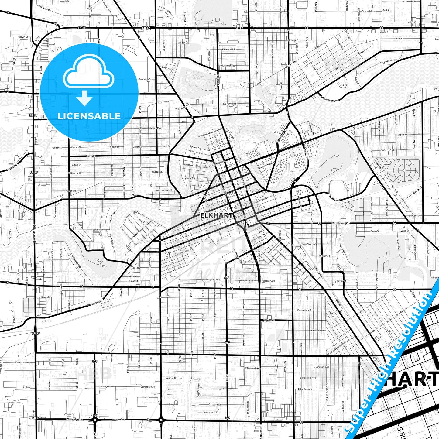 Elkhart, Indiana Light Map with Street Names, City Names, and Districts
