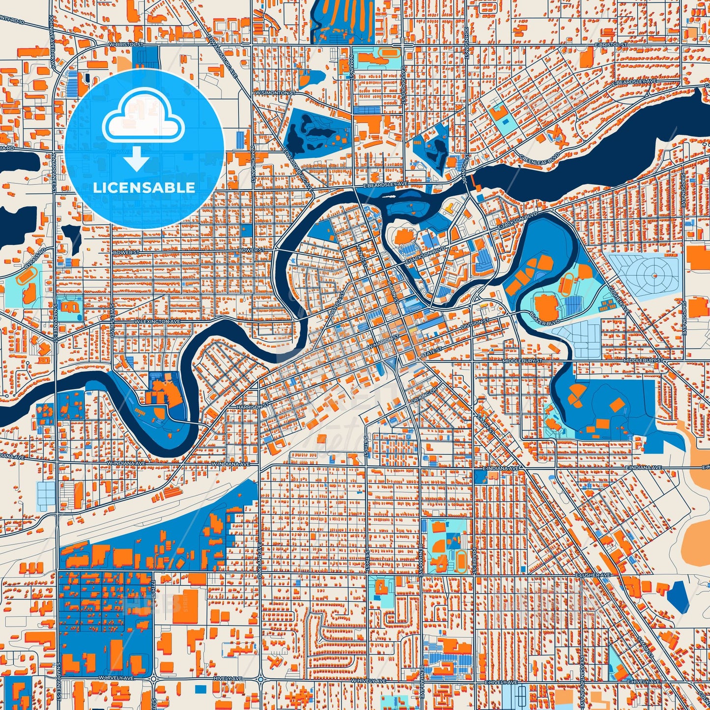 Colorful Elkhart Street Map with Labels and Buildings