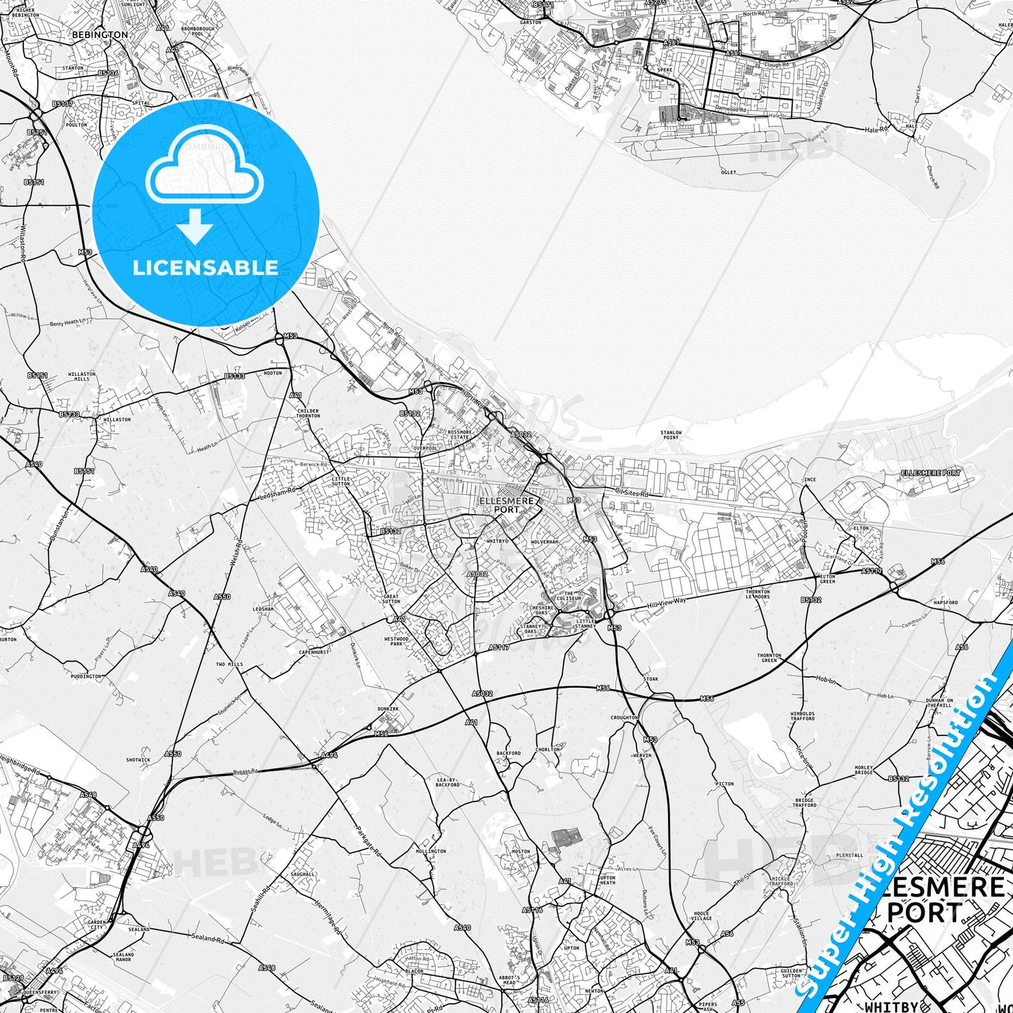 Ellesmere Port, England light map with streetnames, citynames and districts