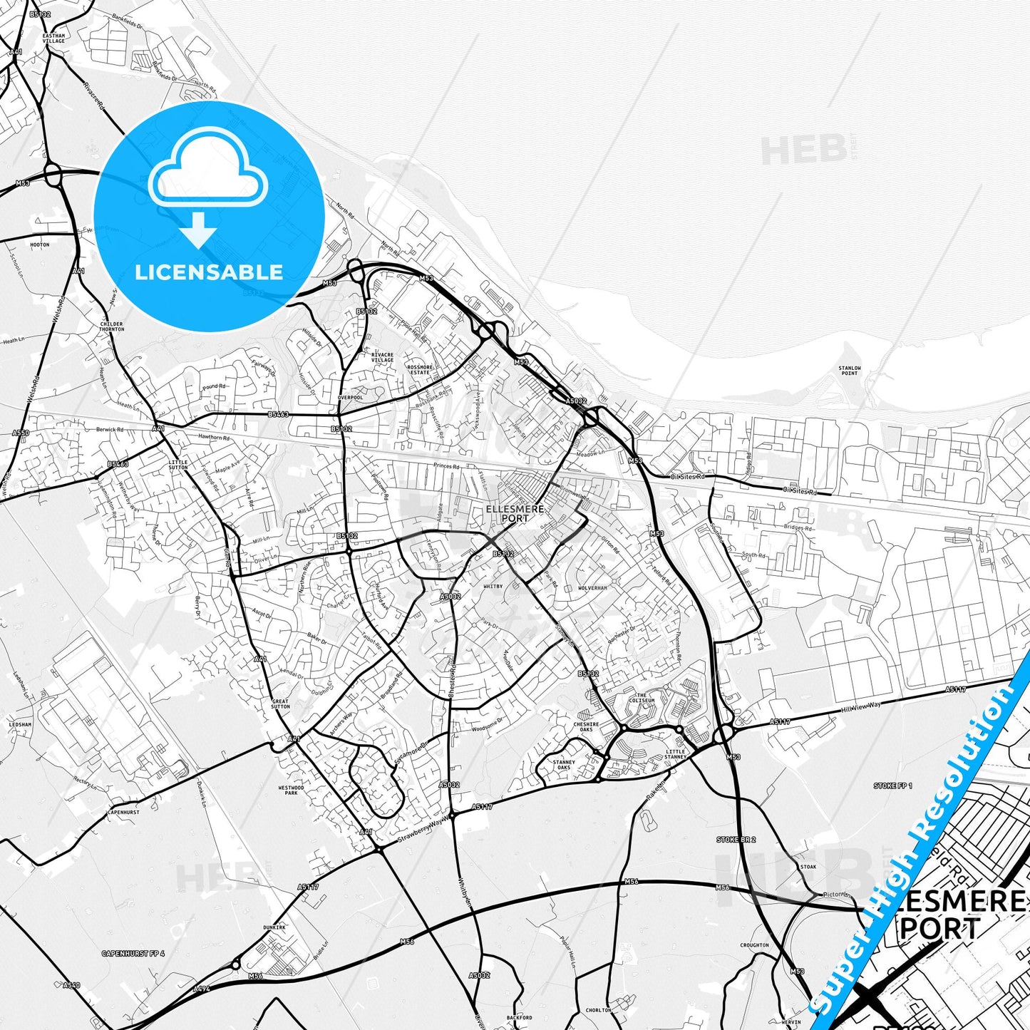 Ellesmere Port, England Light Map with Street Names, City Names, and Districts