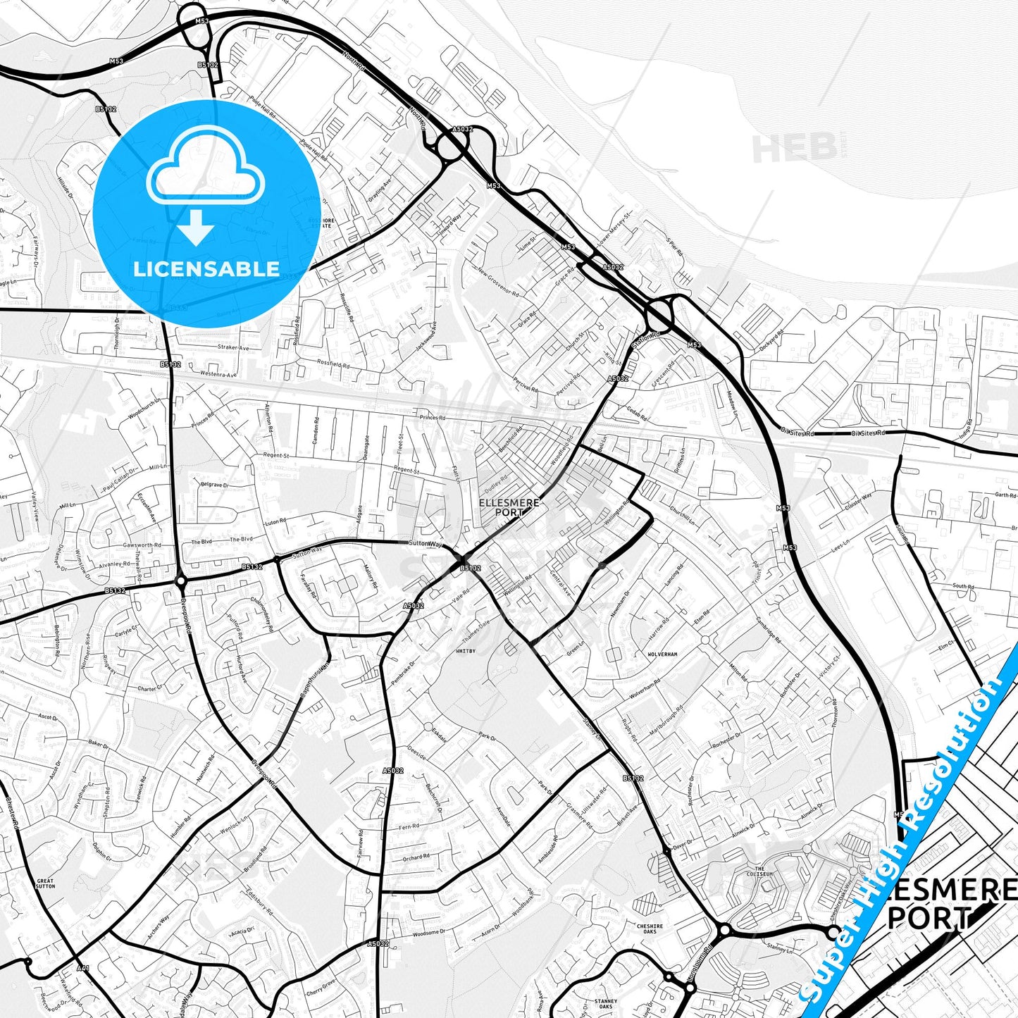 Ellesmere Port, England Light Map with Street Names, City Names, and Districts